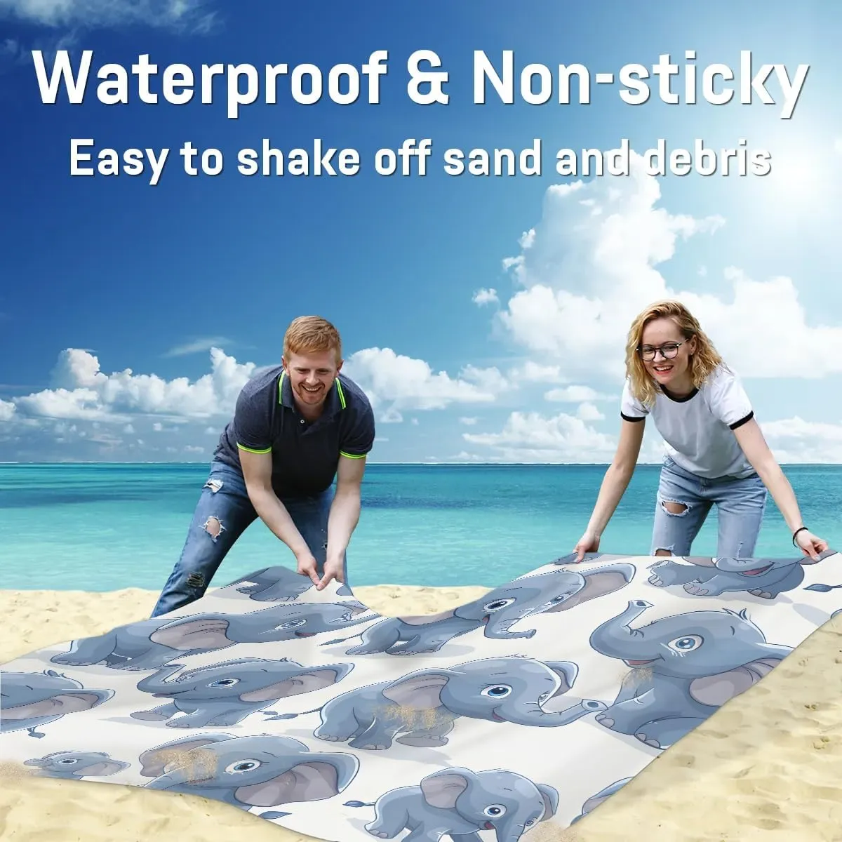 Cute Elephant Beach Blanket, Sandproof Beach Mat, 68 x 59 Waterproof Quick Drying Sand Free Mat with 4 x Ground Spikes for Outdoor Travel Camping Hiking, Elephant Print