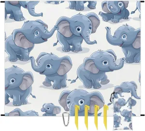 Cute Elephant Beach Blanket, Sandproof Beach Mat, 68 x 59 Waterproof Quick Drying Sand Free Mat with 4 x Ground Spikes for Outdoor Travel Camping Hiking, Elephant Print