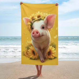 Cute Little Pig with Sunflowers Beach Towel Sand Free Microfiber Large Shower Towels Multipurpose Absorbent for Bathroom Pool 52x32 Inch