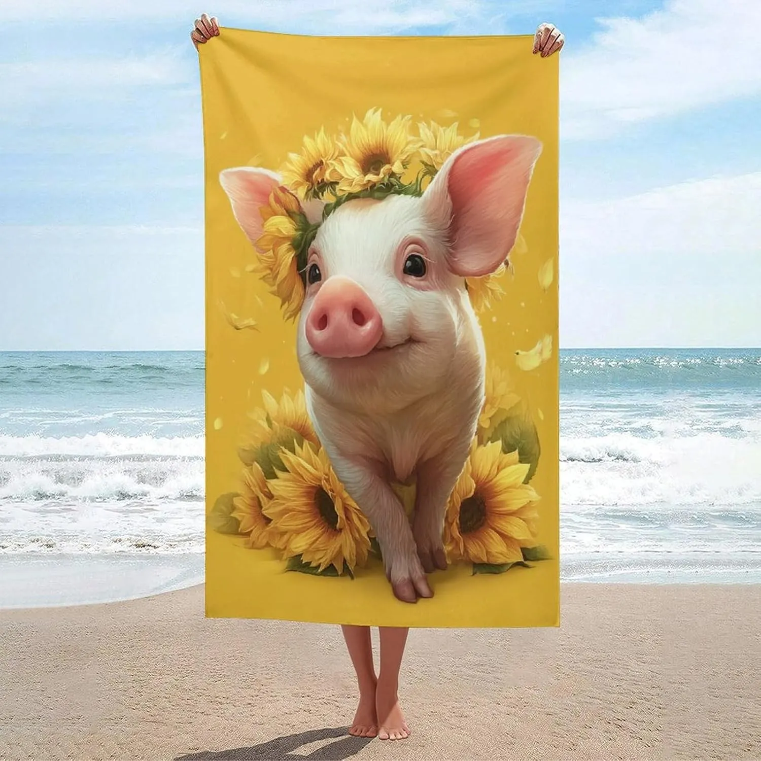 Cute Little Pig with Sunflowers Beach Towel Sand Free Microfiber Large Shower Towels Multipurpose Absorbent for Bathroom Pool 52x32 Inch
