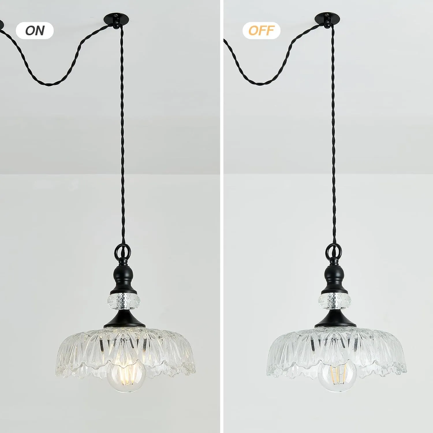 CVKASH Plug in Glass Pendant Light Fixture Black Vintage Adjustable Chandelier Hanging Ceiling Light for Farmhouse Hallway Bedroom Foyer Kitcken Dining Room Island.