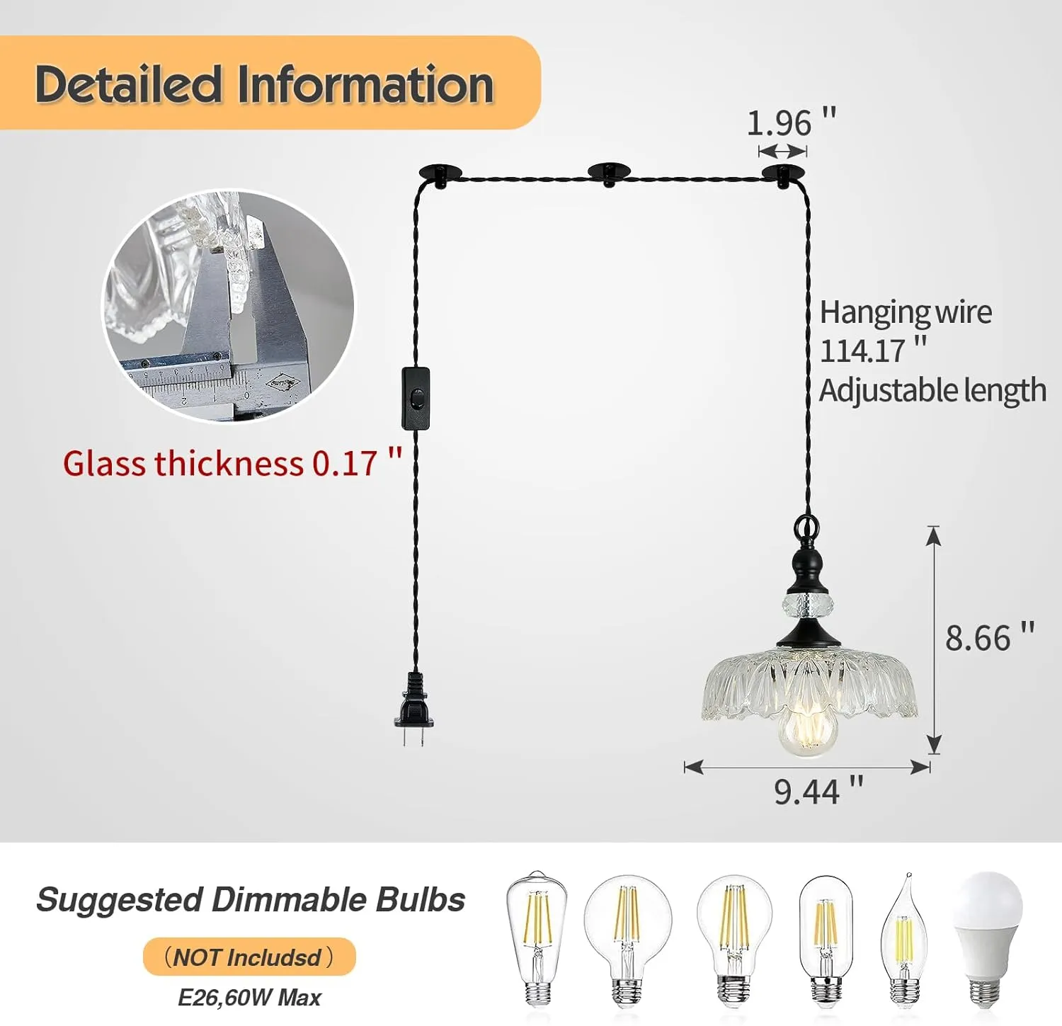 CVKASH Plug in Glass Pendant Light Fixture Black Vintage Adjustable Chandelier Hanging Ceiling Light for Farmhouse Hallway Bedroom Foyer Kitcken Dining Room Island.