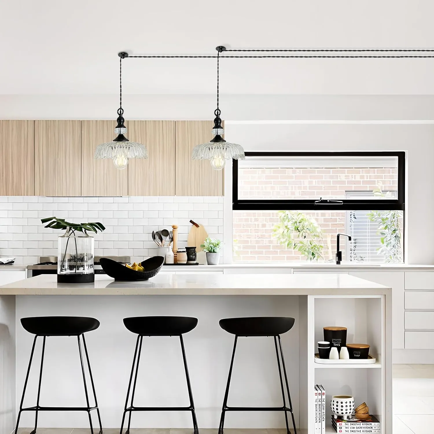 CVKASH Plug in Glass Pendant Light Fixture Black Vintage Adjustable Chandelier Hanging Ceiling Light for Farmhouse Hallway Bedroom Foyer Kitcken Dining Room Island.