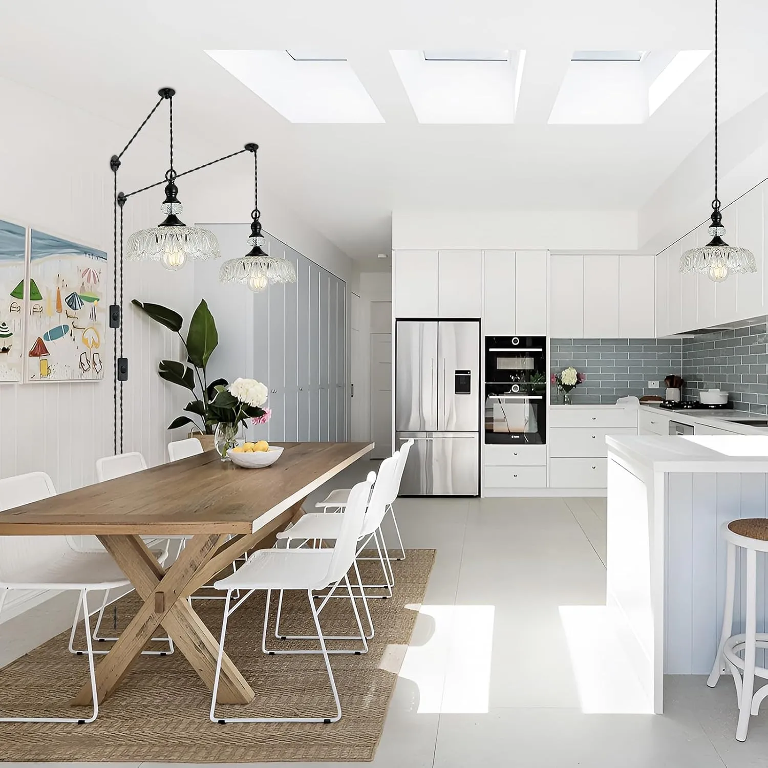 CVKASH Plug in Glass Pendant Light Fixture Black Vintage Adjustable Chandelier Hanging Ceiling Light for Farmhouse Hallway Bedroom Foyer Kitcken Dining Room Island.