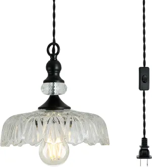 CVKASH Plug in Glass Pendant Light Fixture Black Vintage Adjustable Chandelier Hanging Ceiling Light for Farmhouse Hallway Bedroom Foyer Kitcken Dining Room Island.