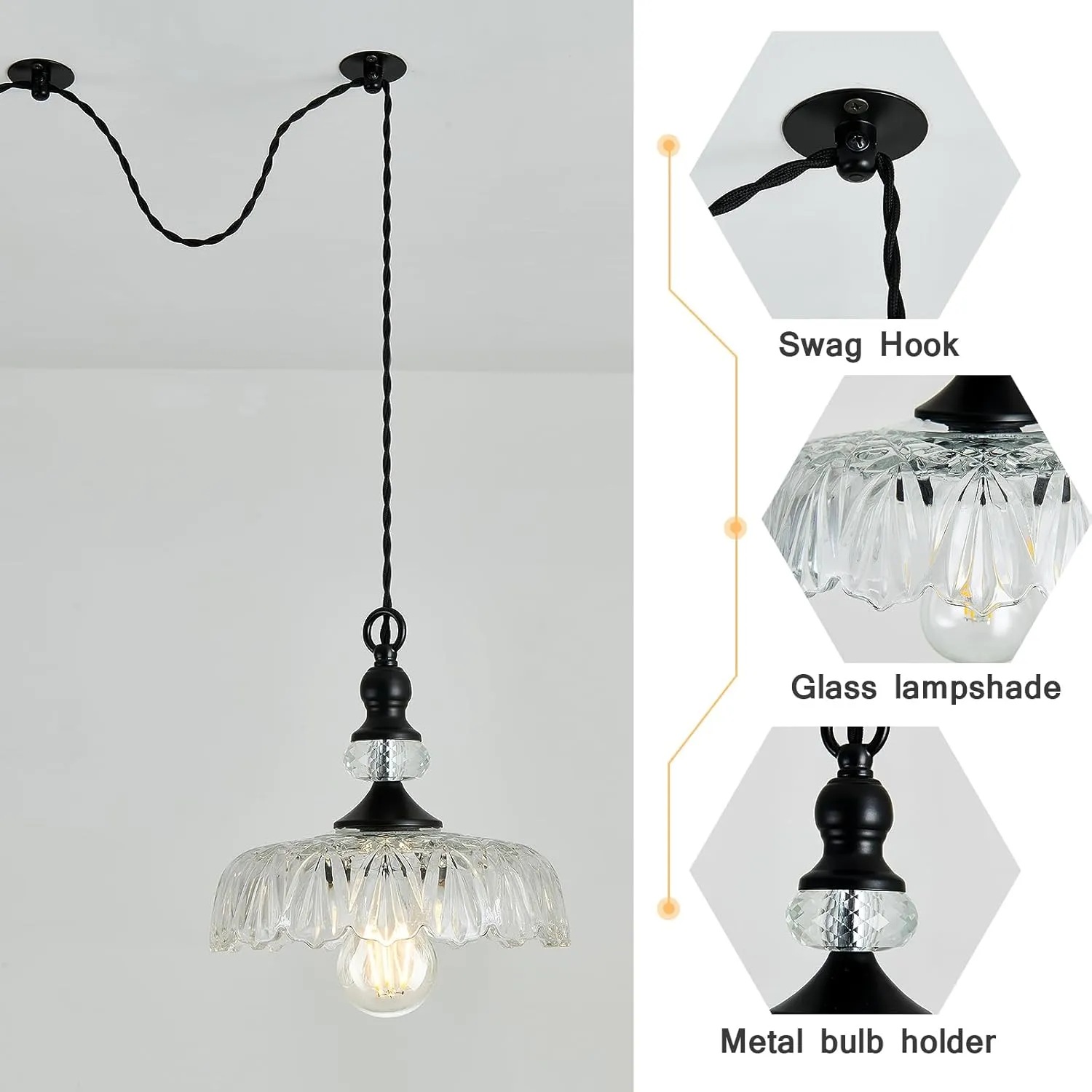 CVKASH Plug in Glass Pendant Light Fixture Black Vintage Adjustable Chandelier Hanging Ceiling Light for Farmhouse Hallway Bedroom Foyer Kitcken Dining Room Island.