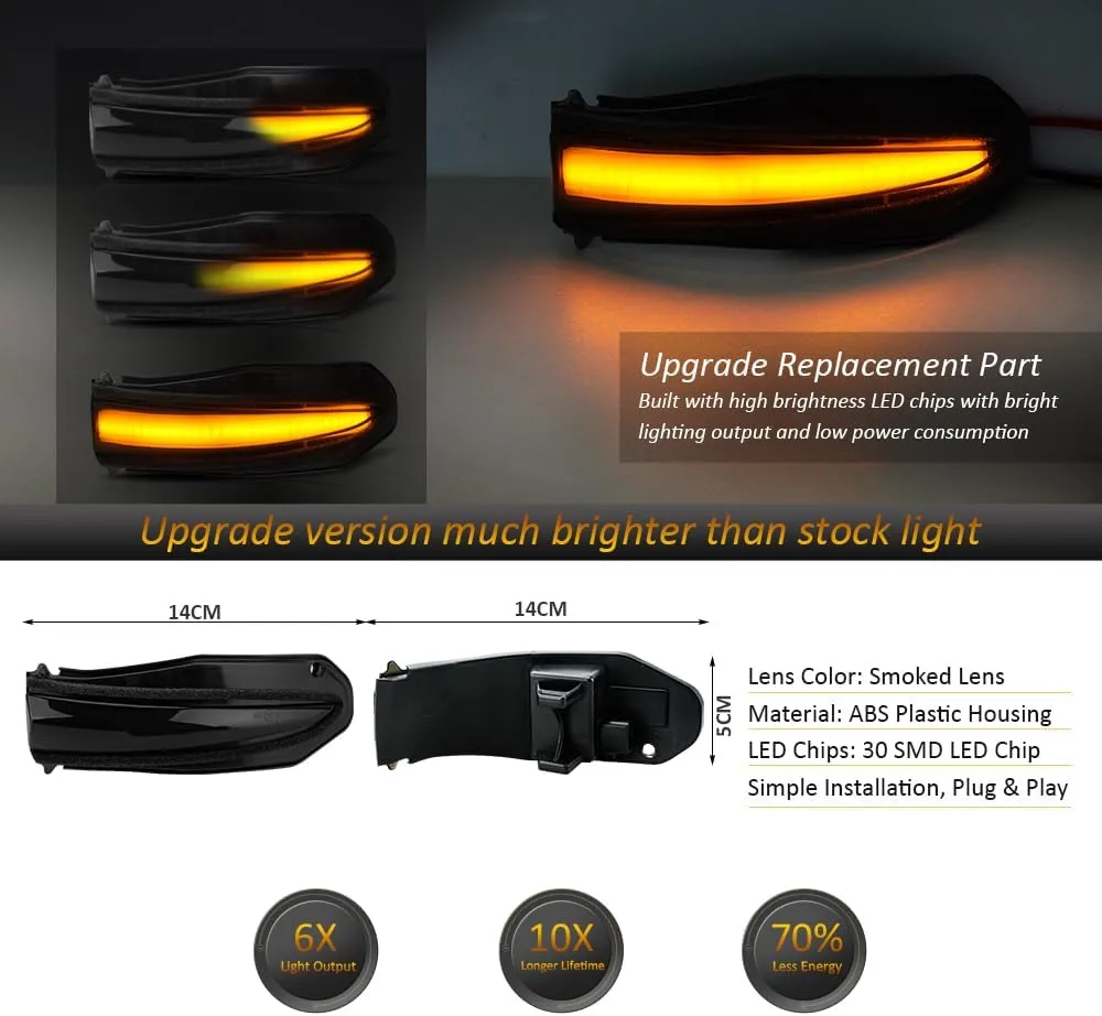 D-Lumina Sequential LED Side Mirror Turn Signal Lights Smoked Lens for 2014-2024 4Runner, 2014-2019 Highlander, 2013-2018 RAV4, 2015-2018 Noah, Dynamic Mirror Marker Light Indicator Lamp, Pack of 2