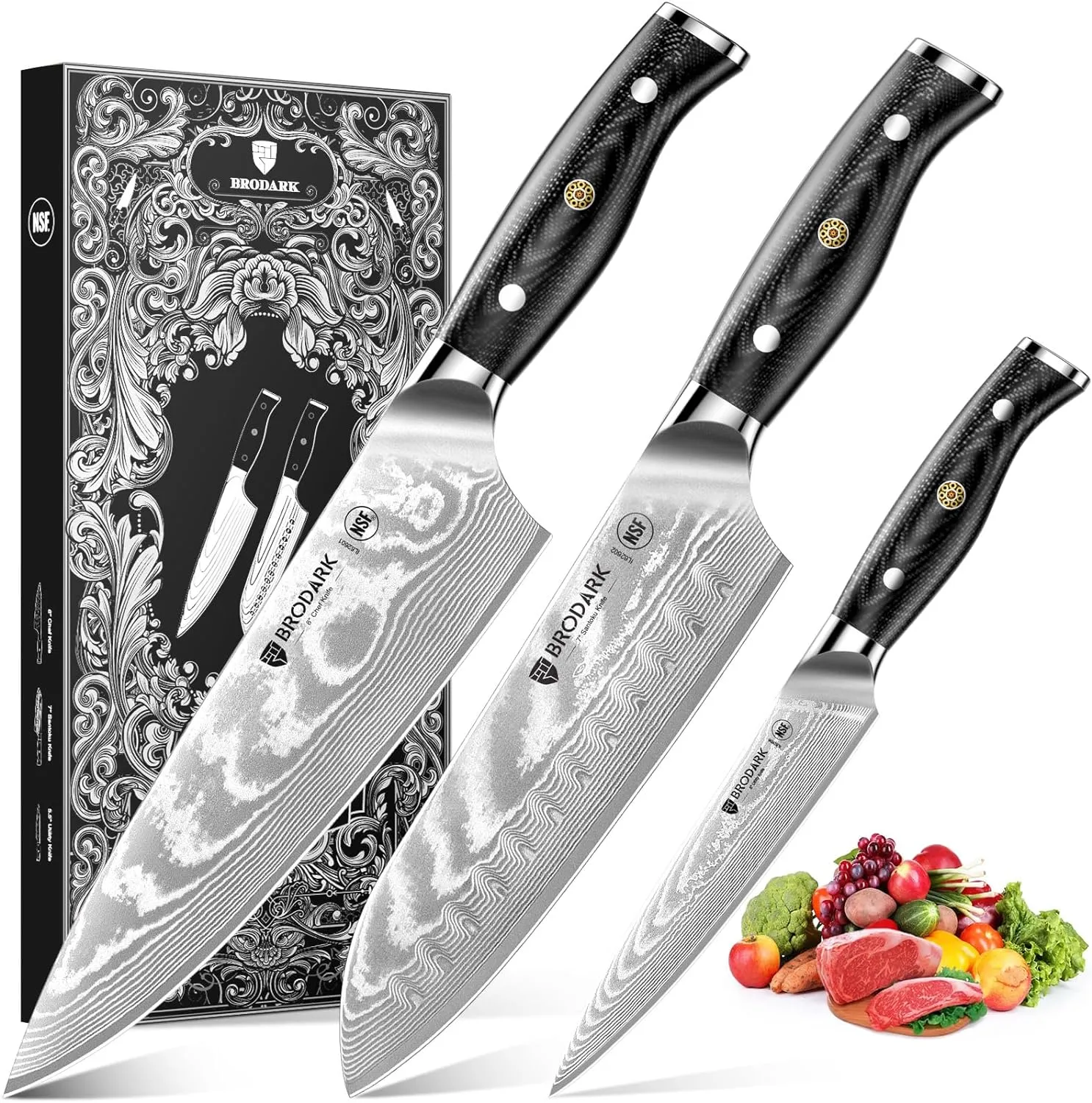 Damascus Kitchen Knife Set 3 PCS: Japanese Knives with Premium VG10 Damascus Steel, Ultra-Sharp Professional Chef Knife Set, Full Tang G10 Hand, Elegant Box