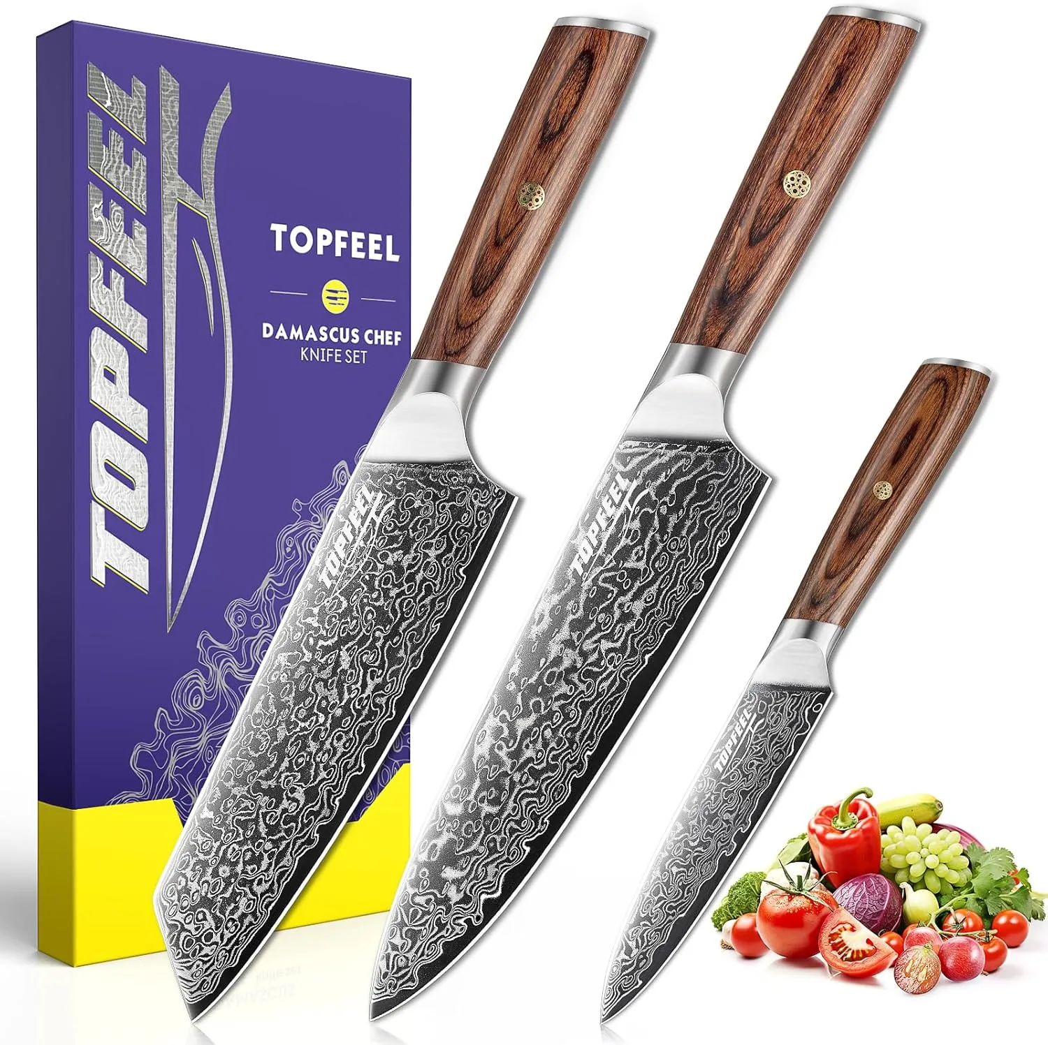 Damascus Kitchen Knife Set 3 PCS, Ultra Sharp Chef Knife Set With Japan VG-10 Steel Core, Professional High Carbon Steel Japanese Knife Sets for Cooking With Ergonomic Wooden Handle & GIFT BOX