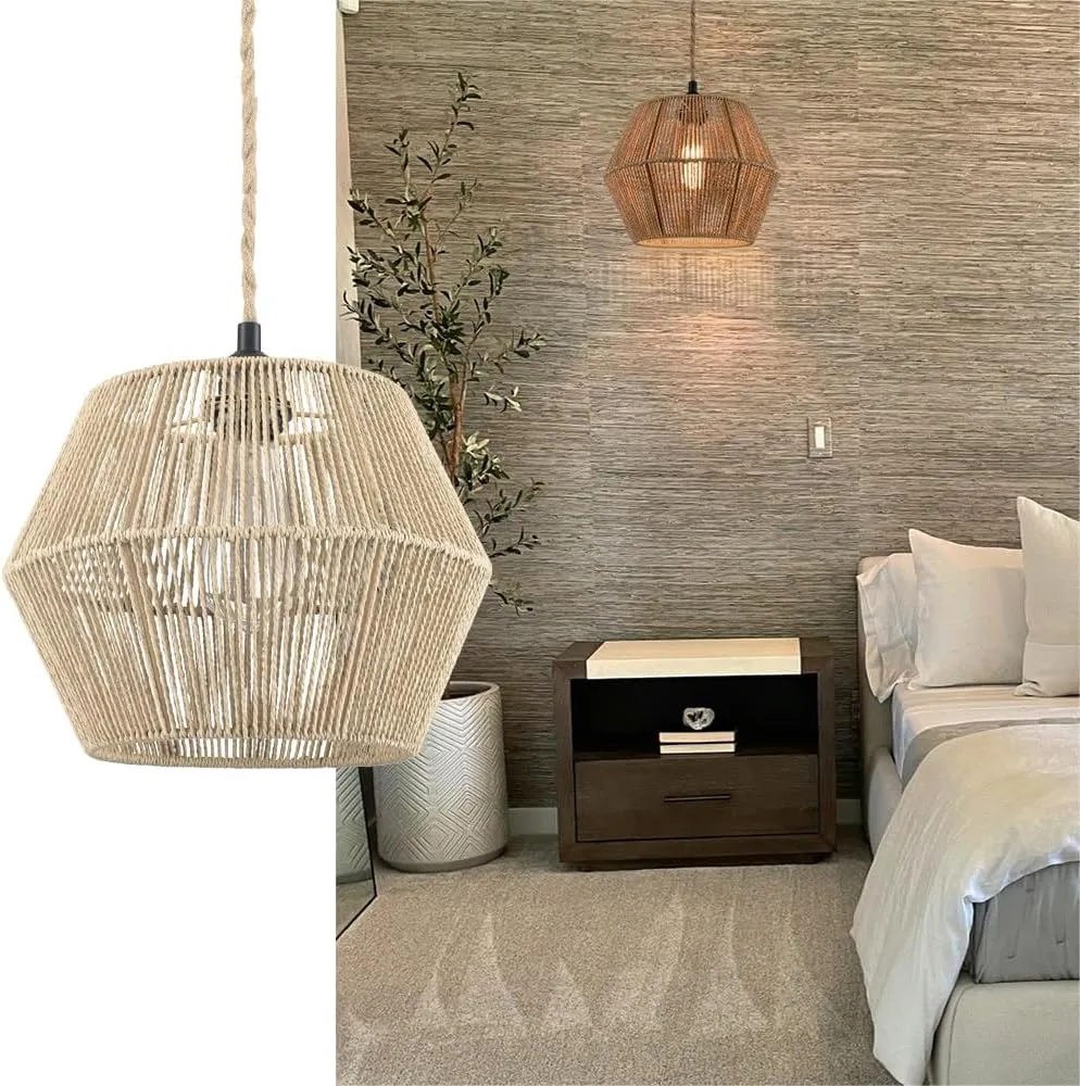 DANSEER Plug in Pendant Light Hemp Rope Hanging Light with Plug in Cord Boho Hanging Lamp Woven for Kitchen Island Living Room On/Off Switch