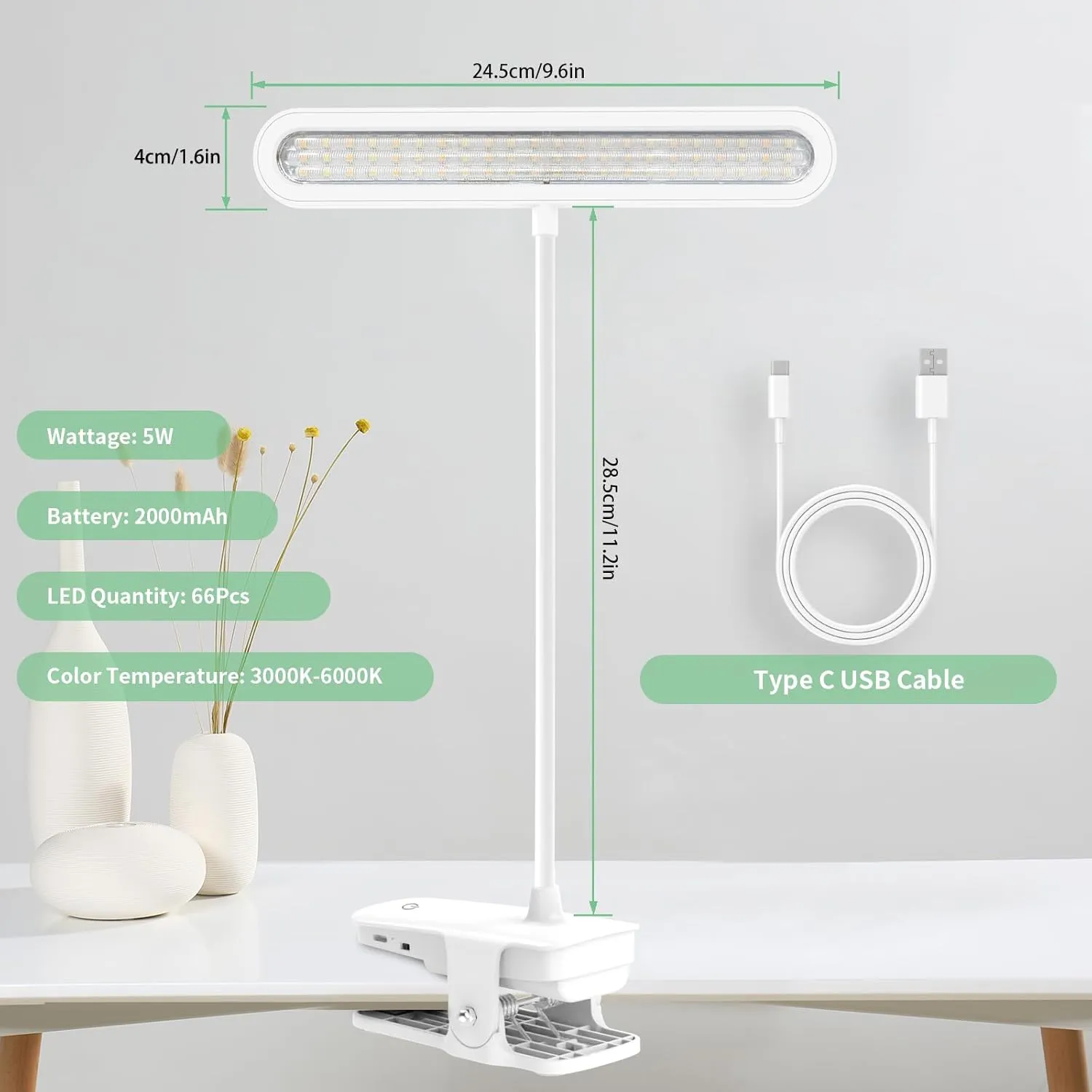 deaunbr Clip on Light, Reading Lights for Books in Bed, Eye Caring 66 LEDs Book Lights, 4 Brightness & Multiple Color Temperatures LED Desk Lamp Rechargeable Night Lamps for Home, Office and Dorm