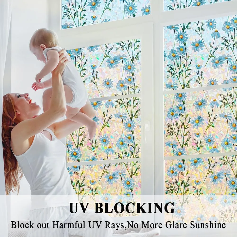 Decorative Window Privacy Film Stained Glass Film Rainbow Daisy Window clings Non-Adhesive Reusable UV Blocking Door Covering for Home and Office,35 inches by 78.7 inches