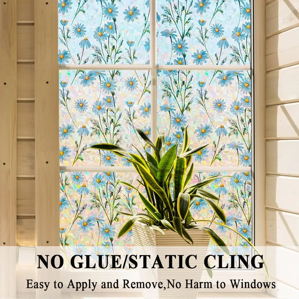 Decorative Window Privacy Film Stained Glass Film Rainbow Daisy Window clings Non-Adhesive Reusable UV Blocking Door Covering for Home and Office,35 inches by 78.7 inches