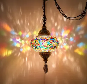 DEMMEX Authentic Turkish Mosaic Plug-in Swag Pendant Light Fixture, Large 6.5" Globe – Moroccan Hanging Ceiling Lamp - 15ft Cord & Chain, US/CA Plug, Exotic Mediterranean Decor, Handmade