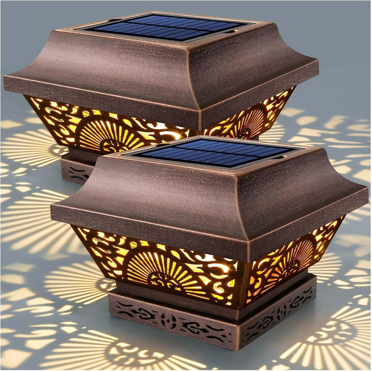 DenicMic 2 Pack Solar Cap Lights Outdoor Waterproof Metal Warm White LED Lighting 25 Lumen for 3.5x3.5 4x4 5x5 Wooden Fence Posts, Deck Rail, Yard, Patio, Garden (Copper)