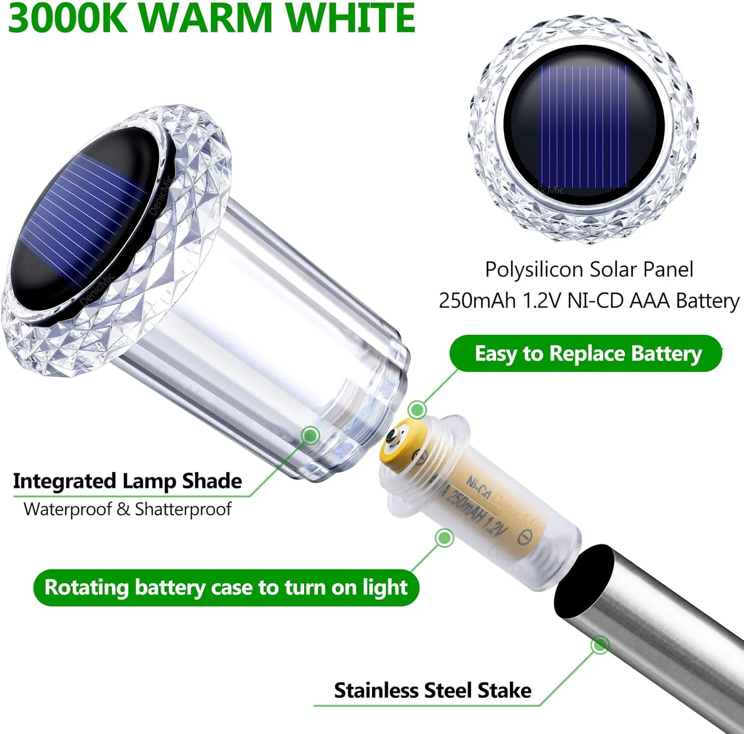 DenicMic Solar Lights Outdoor Pathway Lights 3000K LED Waterproof Acrylic Lamp Head Stainless Steel Stake for Yard Garden Landscape Path Walkway Driveway Patio Lawn (15Pack Warm White)
