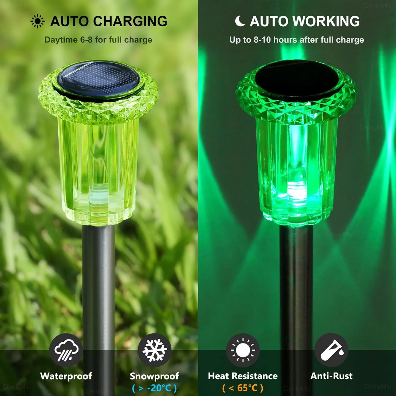 DenicMic Solar Lights Outdoor Pathway Lights LED Waterproof Acrylic Lamp Head Stainless Steel Stake for Yard Garden Landscape Path Walkway Driveway Patio Lawn (Green 10Pack)