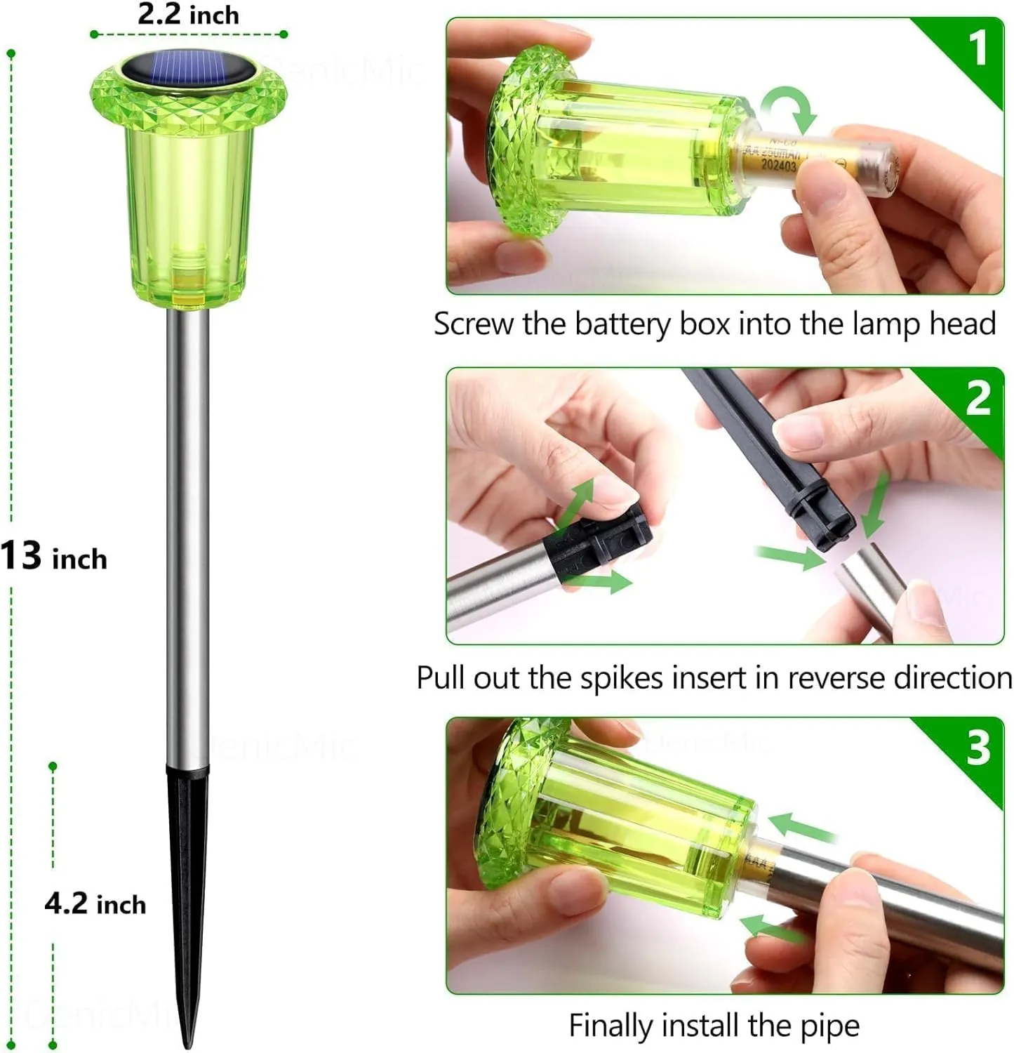 DenicMic Solar Lights Outdoor Pathway Lights LED Waterproof Acrylic Lamp Head Stainless Steel Stake for Yard Garden Landscape Path Walkway Driveway Patio Lawn (Green 10Pack)