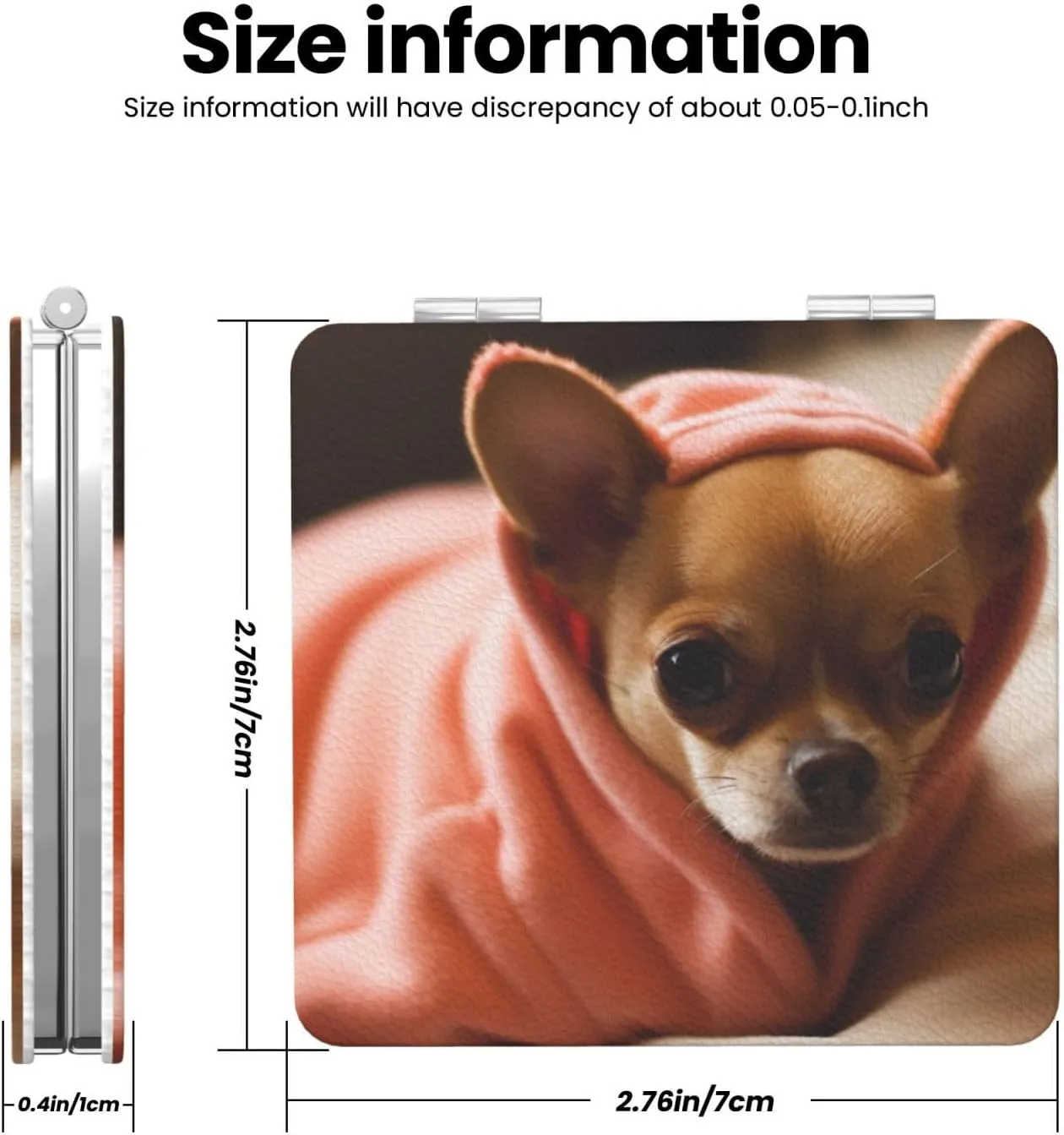 Depressed Chihuahua Printed Square Pocket Makeup Mirror with 1X/2X Magnification, Portable Mini Travel Makeup Mirror for Travel Daily Work Beauty