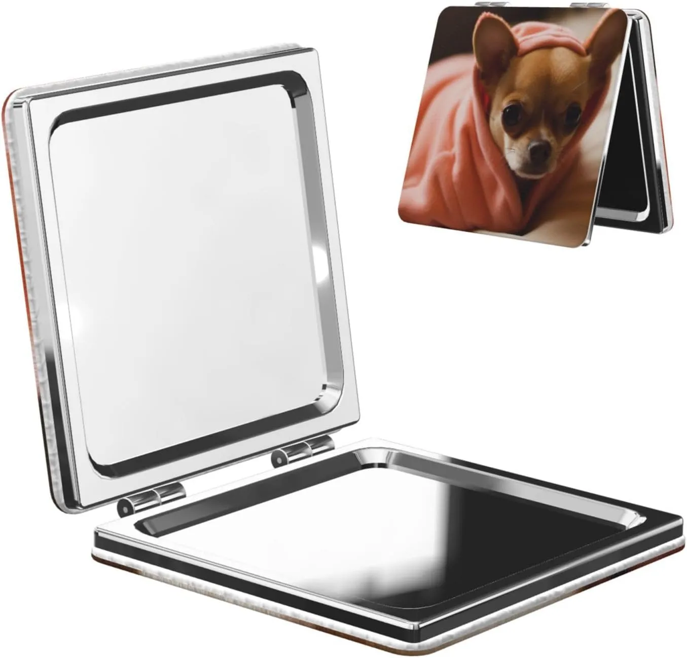 Depressed Chihuahua Printed Square Pocket Makeup Mirror with 1X/2X Magnification, Portable Mini Travel Makeup Mirror for Travel Daily Work Beauty
