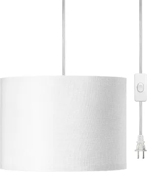 DEWENWILS Hanging Pendant Light with Plug in Cord, Plug in Wall Light with 15Ft Cord, On/Off Switch, White Fabric Lamp Shade, Hanging Light Fixture for Bedroom, Kitchen, Living Room, Dining Table