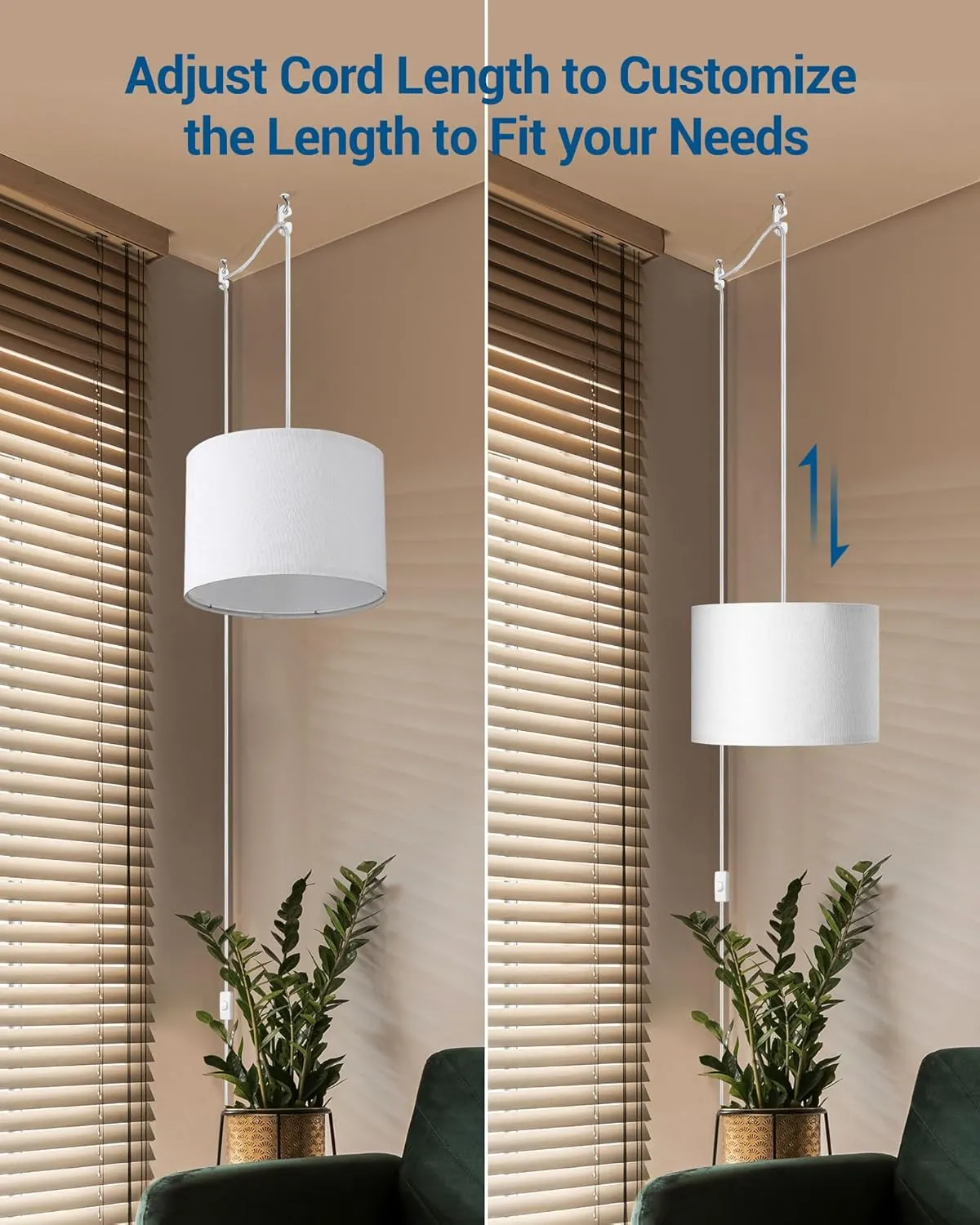 DEWENWILS Hanging Pendant Light with Plug in Cord, Plug in Wall Light with 15Ft Cord, On/Off Switch, White Fabric Lamp Shade, Hanging Light Fixture for Bedroom, Kitchen, Living Room, Dining Table