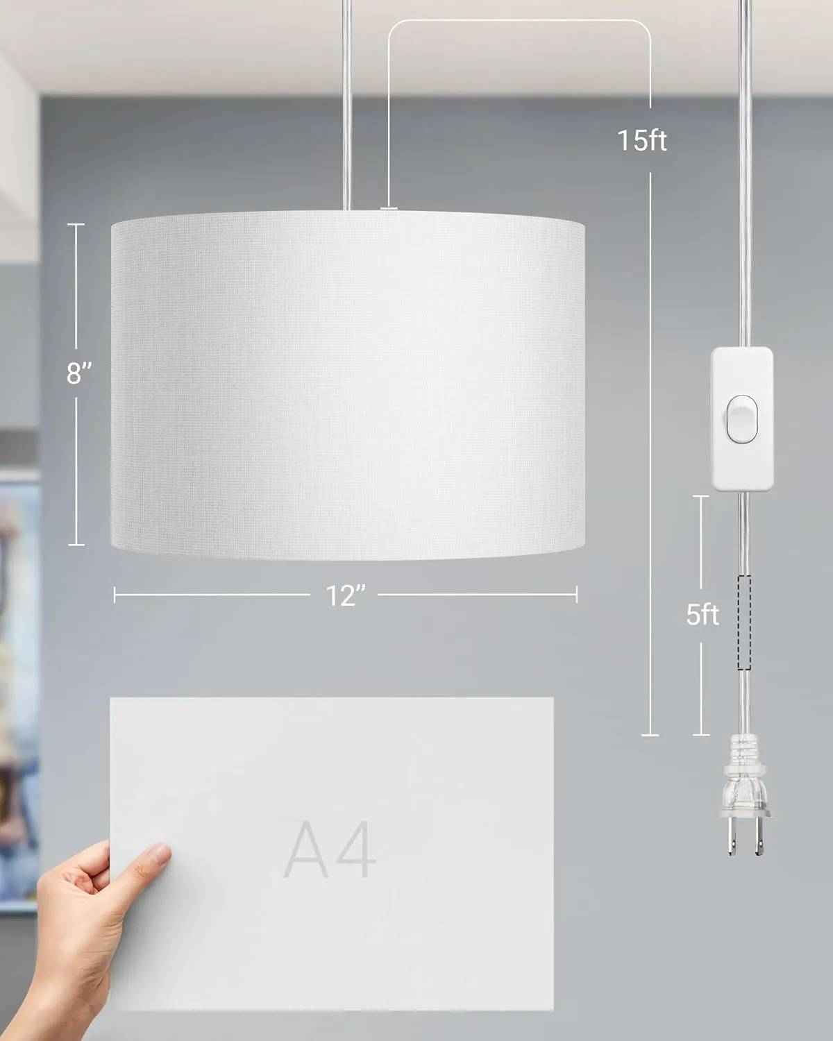 DEWENWILS Hanging Pendant Light with Plug in Cord, Plug in Wall Light with 15Ft Cord, On/Off Switch, White Fabric Lamp Shade, Hanging Light Fixture for Bedroom, Kitchen, Living Room, Dining Table