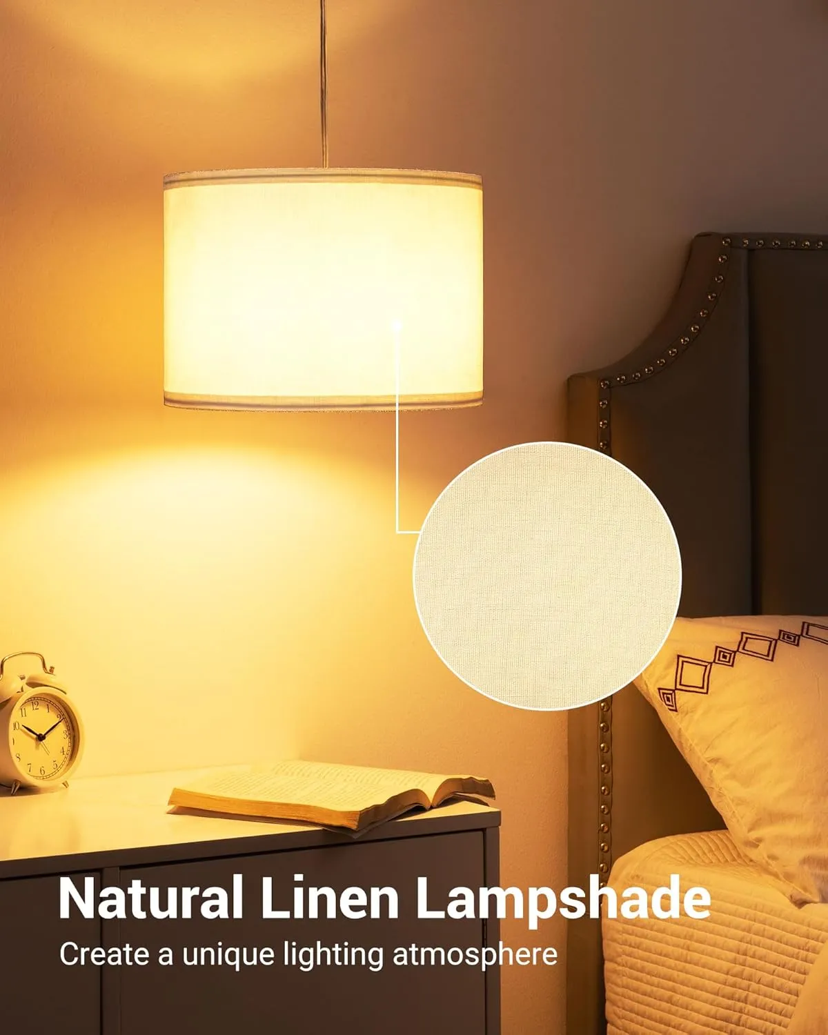 DEWENWILS Hanging Pendant Light with Plug in Cord, Plug in Wall Light with 15Ft Cord, On/Off Switch, White Fabric Lamp Shade, Hanging Light Fixture for Bedroom, Kitchen, Living Room, Dining Table