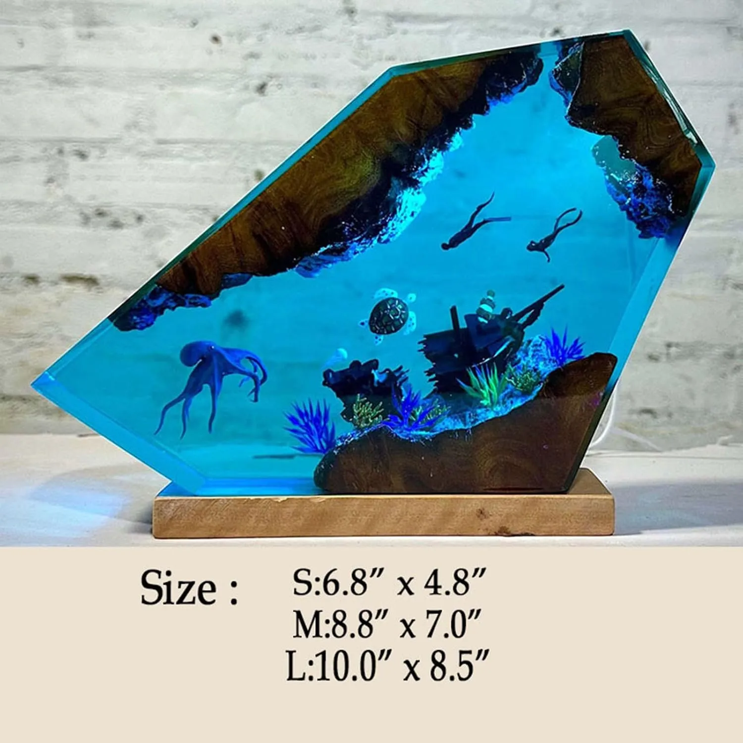 Drawelry Ocean Creative Epoxy Resin Wood Light Lamp, Handmade Multi Color Aquatic Ocean Lamp Deep Sea Diver Cave Diving Enthusiasts Led Night Light Desktop Decor Christmas Birthday Gift (Octopus, S)