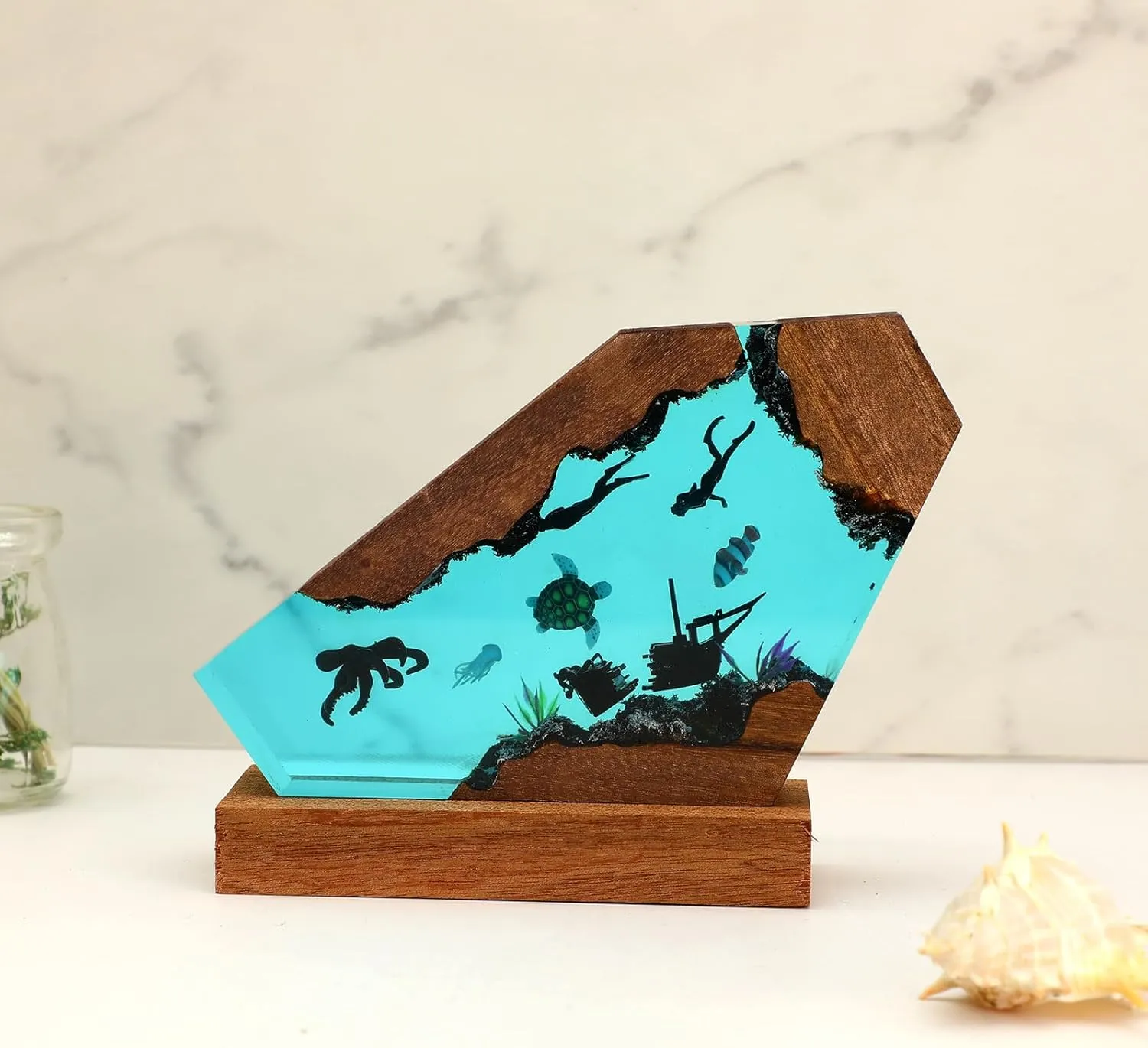 Drawelry Ocean Creative Epoxy Resin Wood Light Lamp, Handmade Multi Color Aquatic Ocean Lamp Deep Sea Diver Cave Diving Enthusiasts Led Night Light Desktop Decor Christmas Birthday Gift (Octopus, S)
