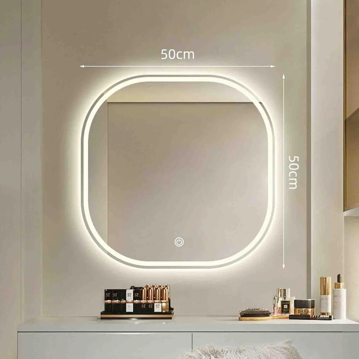 Dressing Table Mirror Bedroom Makeup Mirror with Light Square Rounded Corner Dressing Mirror Wall-Mounted Mirror(50 * 50cm (19.6 * 19.6in))
