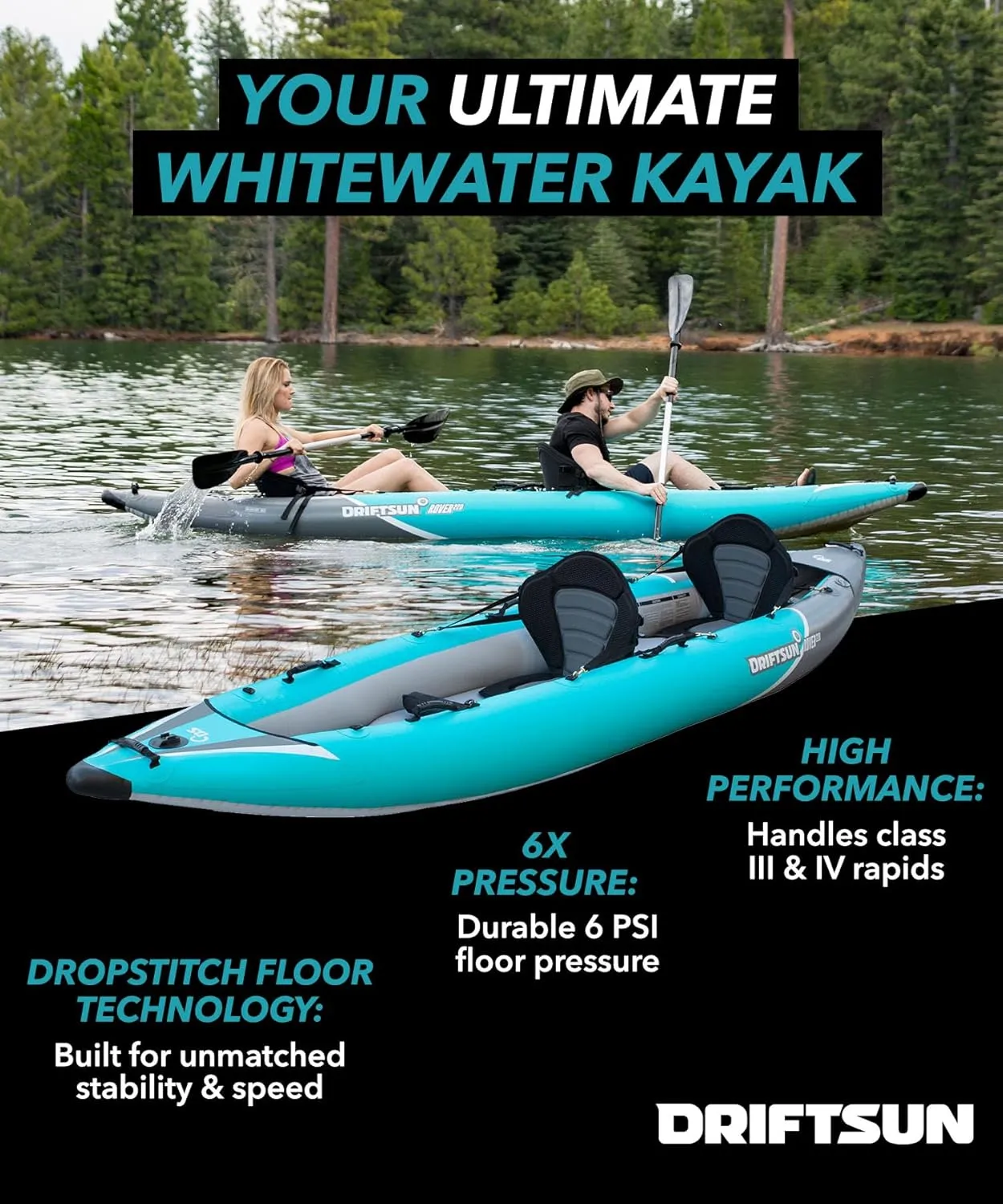 Driftsun Rover Inflatable Kayak - Inflatable White Water Kayak - Inflatable 1 and 2 Person Kayaks for Adults with High Pressure Floor, Padded Seats, Action Cam Mount, Aluminum Paddles, and Pump