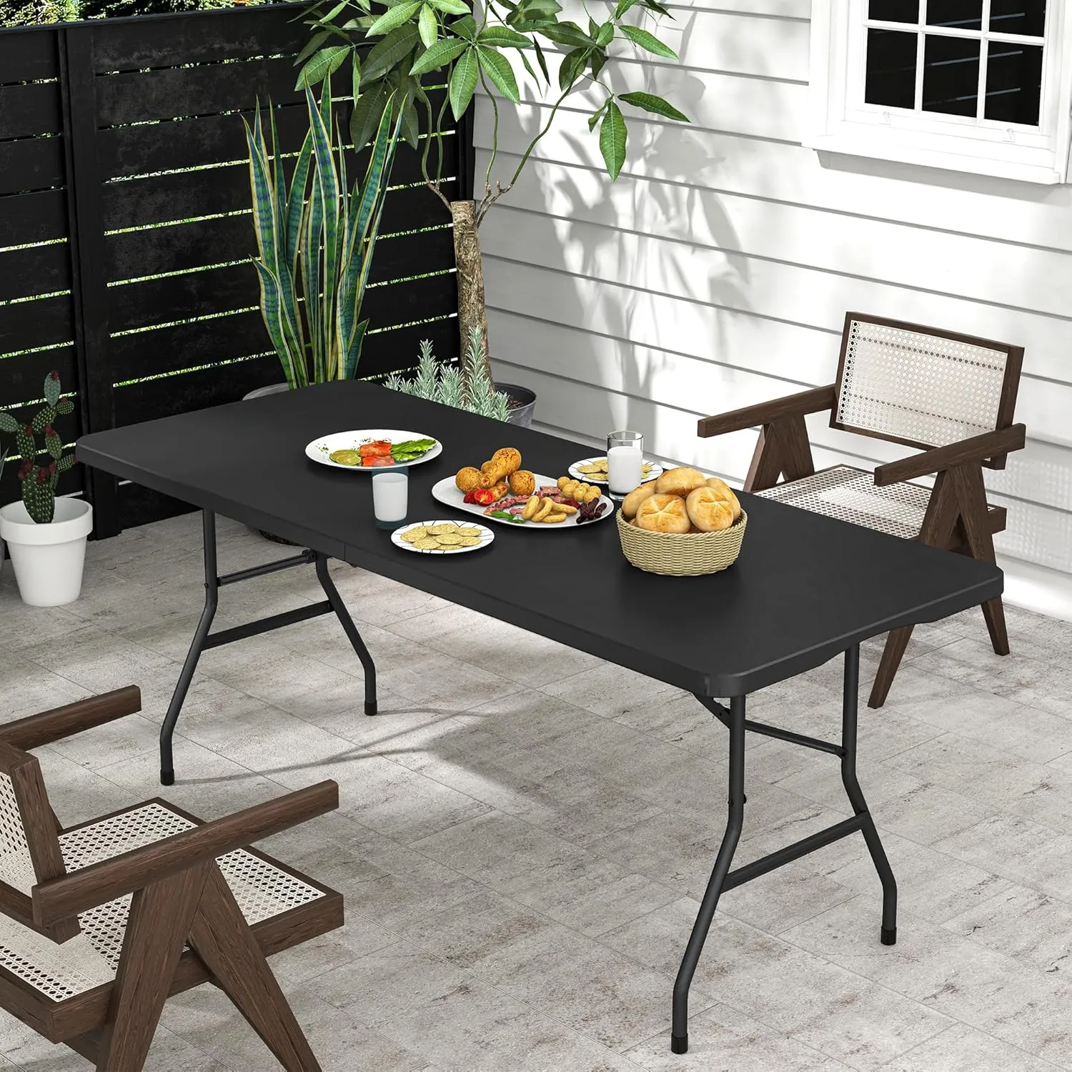 DWVO 6FT Folding Table, Heavy Duty Folding Tables with Carrying Handle, HDPE Fold up Table for Outdoor Camping Picnic Parties, Indoor Events (Black)