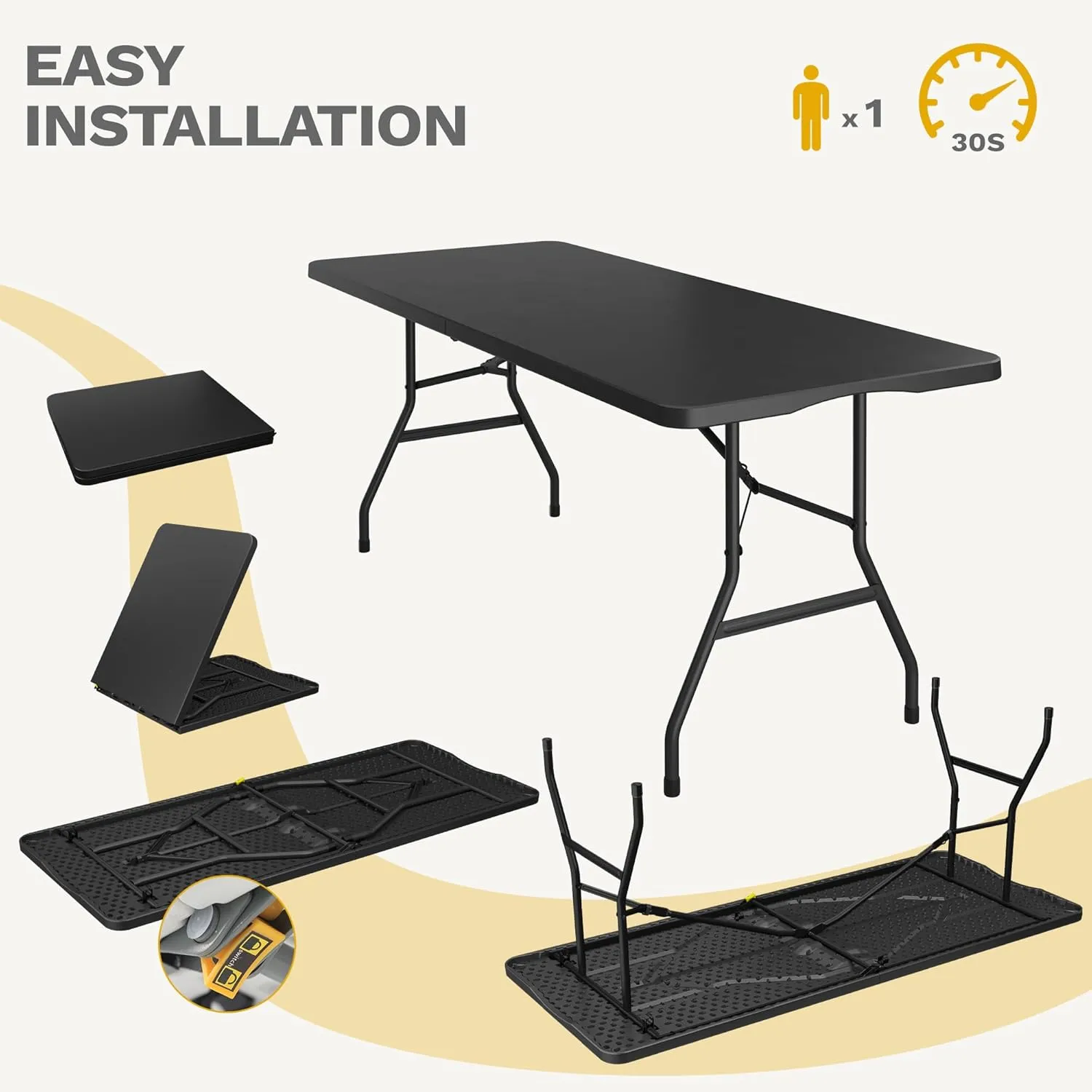 DWVO 6FT Folding Table, Heavy Duty Folding Tables with Carrying Handle, HDPE Fold up Table for Outdoor Camping Picnic Parties, Indoor Events (Black)