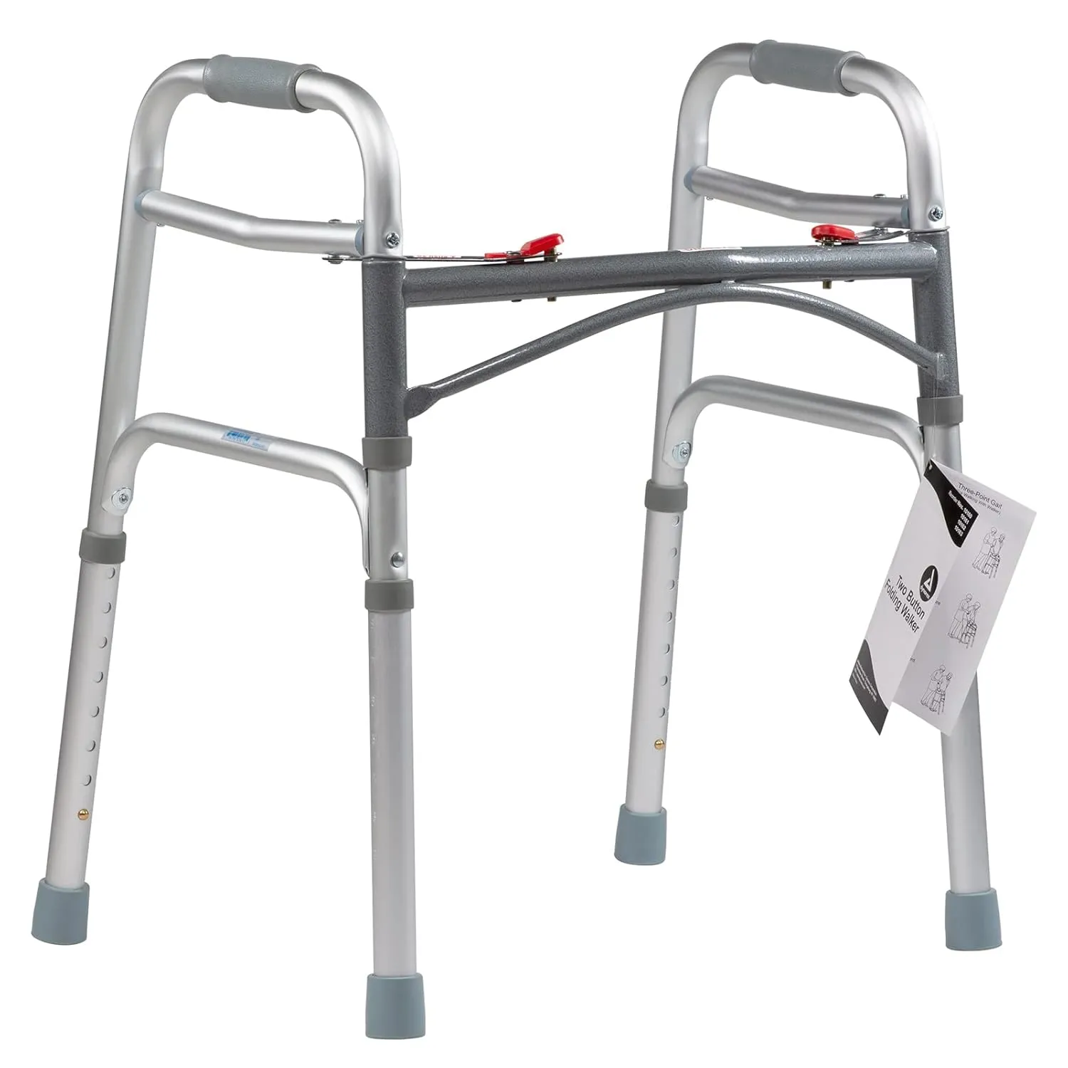 Dynarex 10161 Junior Two-Button Folding Walker, Adjustable Height up to 32", 350 Pound Weight Capacity, Silver