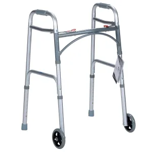 Dynarex Junior Two-Button Folding Walker with Wheels has Tool-Free Adjustable Height up to 32.5” & 350 Pound Weight Capacity, Silver