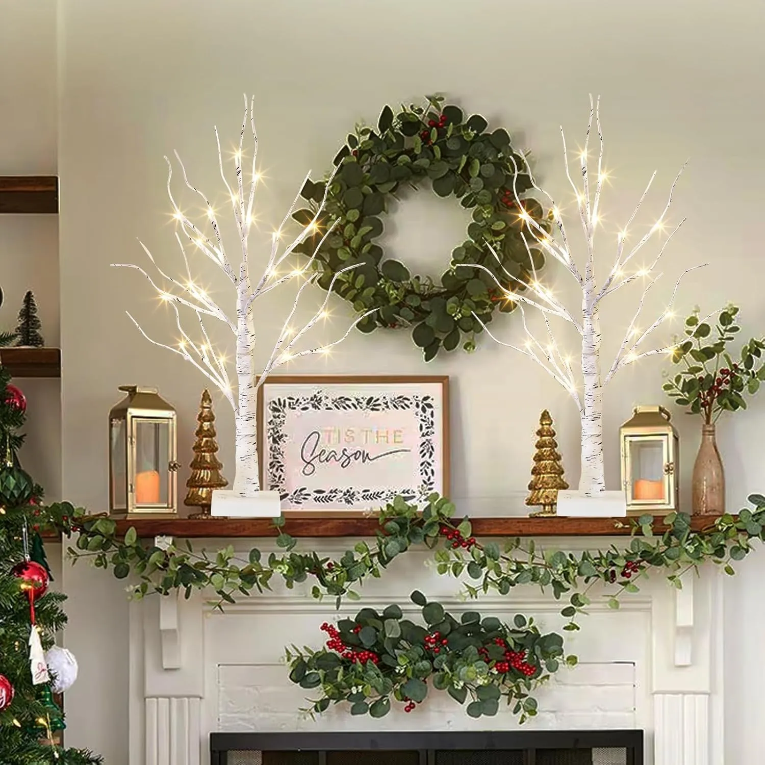 EAMBRITE Lighted Birch Tree Spring Decorations for Home, Christmas Decorations Indoor, 2Pack 24 LED Battery Operated/USB Tabletop Mini Small Artificial White Trees with Lights for Table Mantel (2FT)