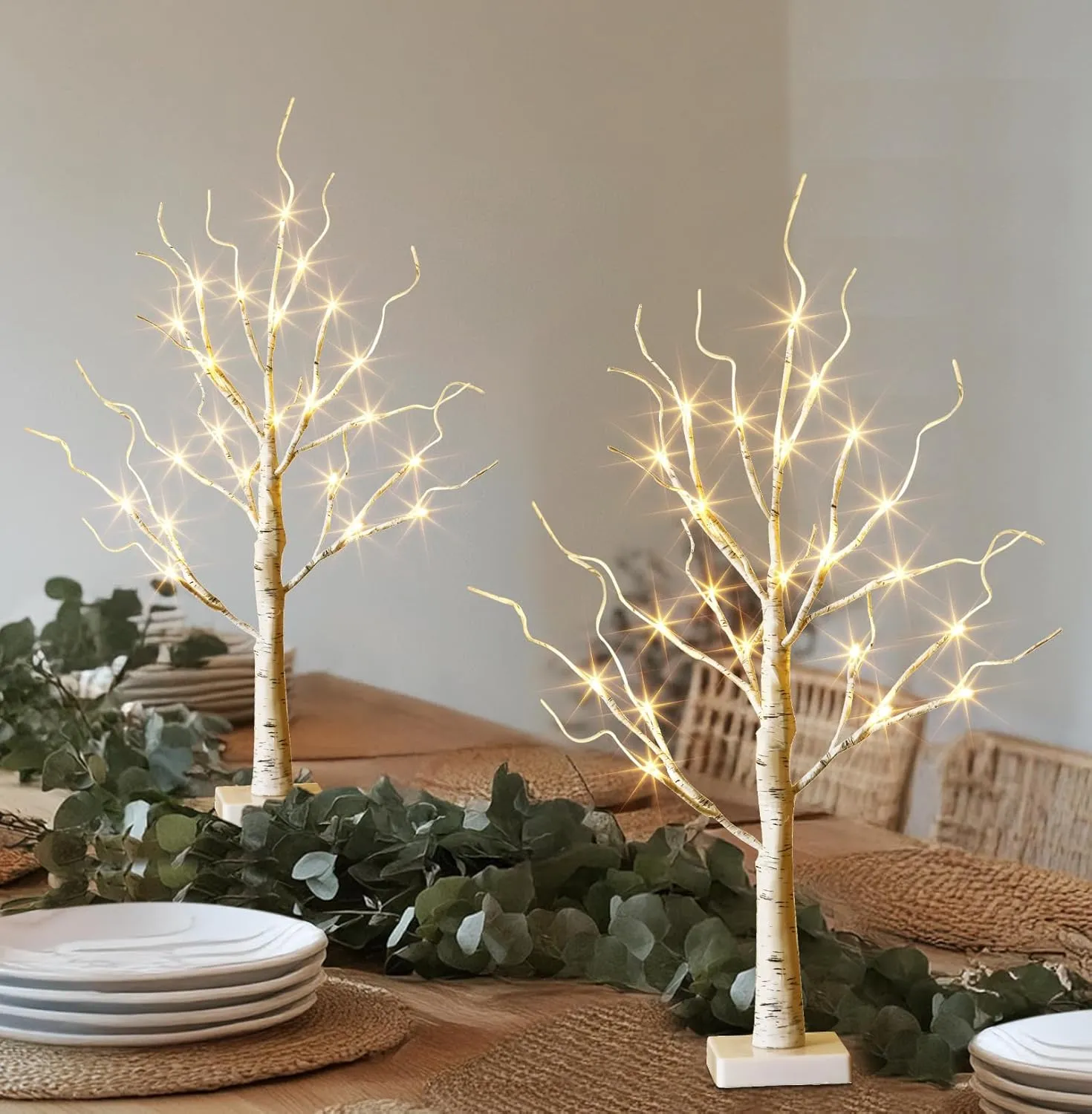 EAMBRITE Lighted Birch Tree Spring Decorations for Home, Christmas Decorations Indoor, 2Pack 24 LED Battery Operated/USB Tabletop Mini Small Artificial White Trees with Lights for Table Mantel (2FT)