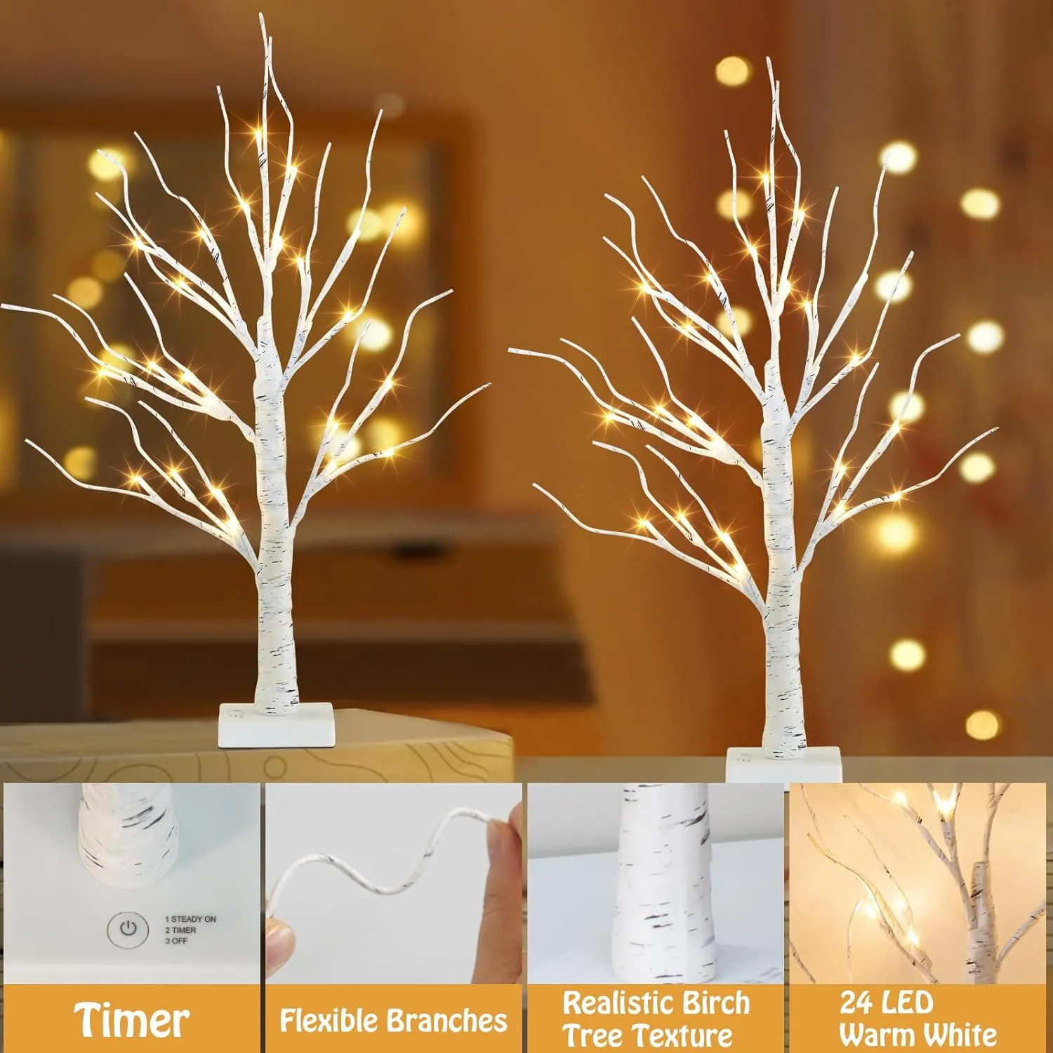 EAMBRITE Lighted Birch Tree Spring Decorations for Home, Christmas Decorations Indoor, 2Pack 24 LED Battery Operated/USB Tabletop Mini Small Artificial White Trees with Lights for Table Mantel (2FT)