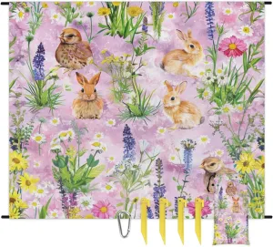 Easter Bunny Floral Beach Blanket, Sandproof Beach Mat, Adults Waterproof Quick Drying Sand Free Mat with 4 x Ground Spikes for Outdoor Travel Camping Hiking, Spring Watercolor Floral Rabbits