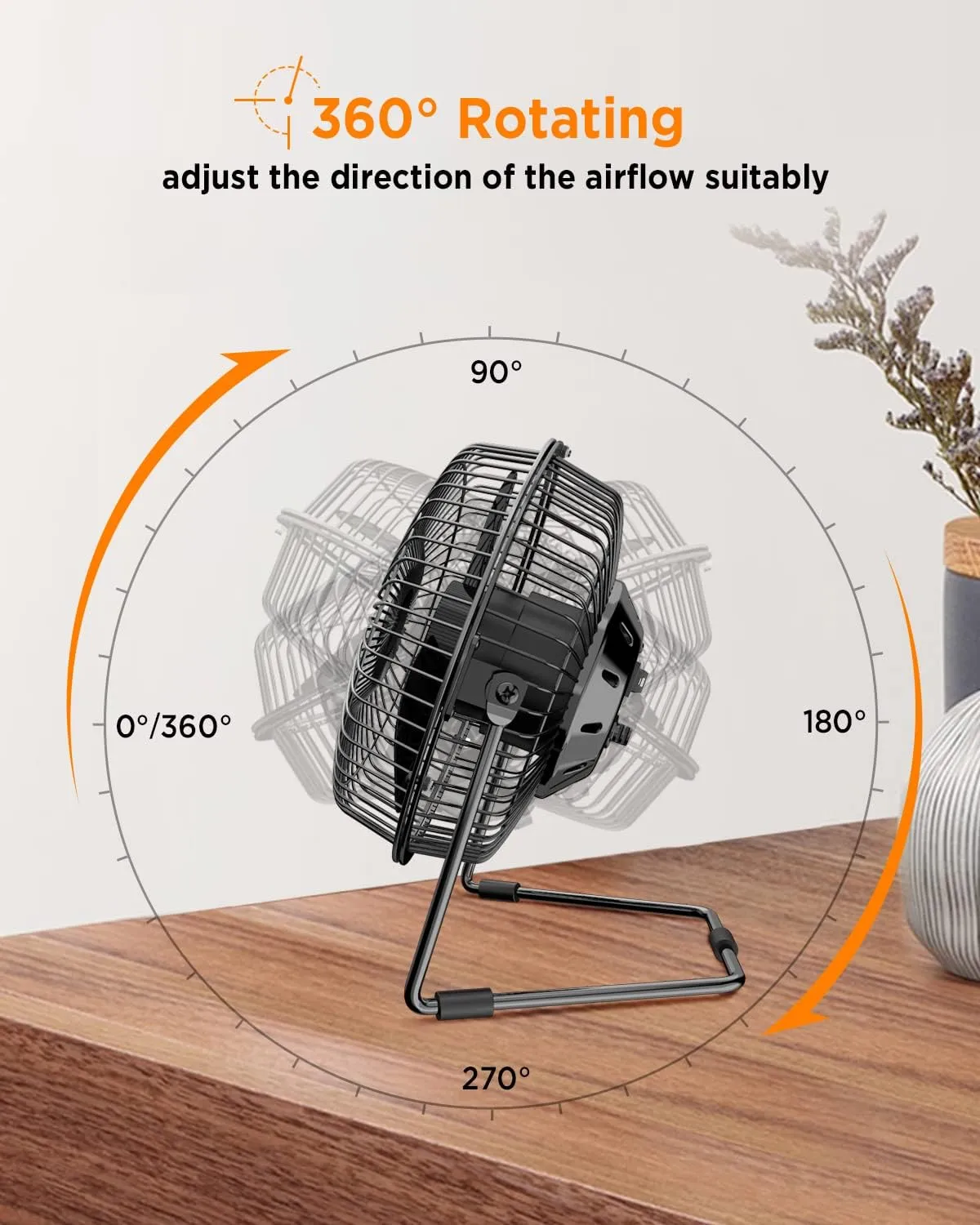 EasyAcc 6 Inch USB Desk Fan, Small USB Desk Fan, [Small Quiet Strong Airflow and 360° Rotating Personal Table Cooling Fan] USB Powered Portable Fan, 2 Speed（3.3~4.1 M/S Black (USB POWERED ONLY)