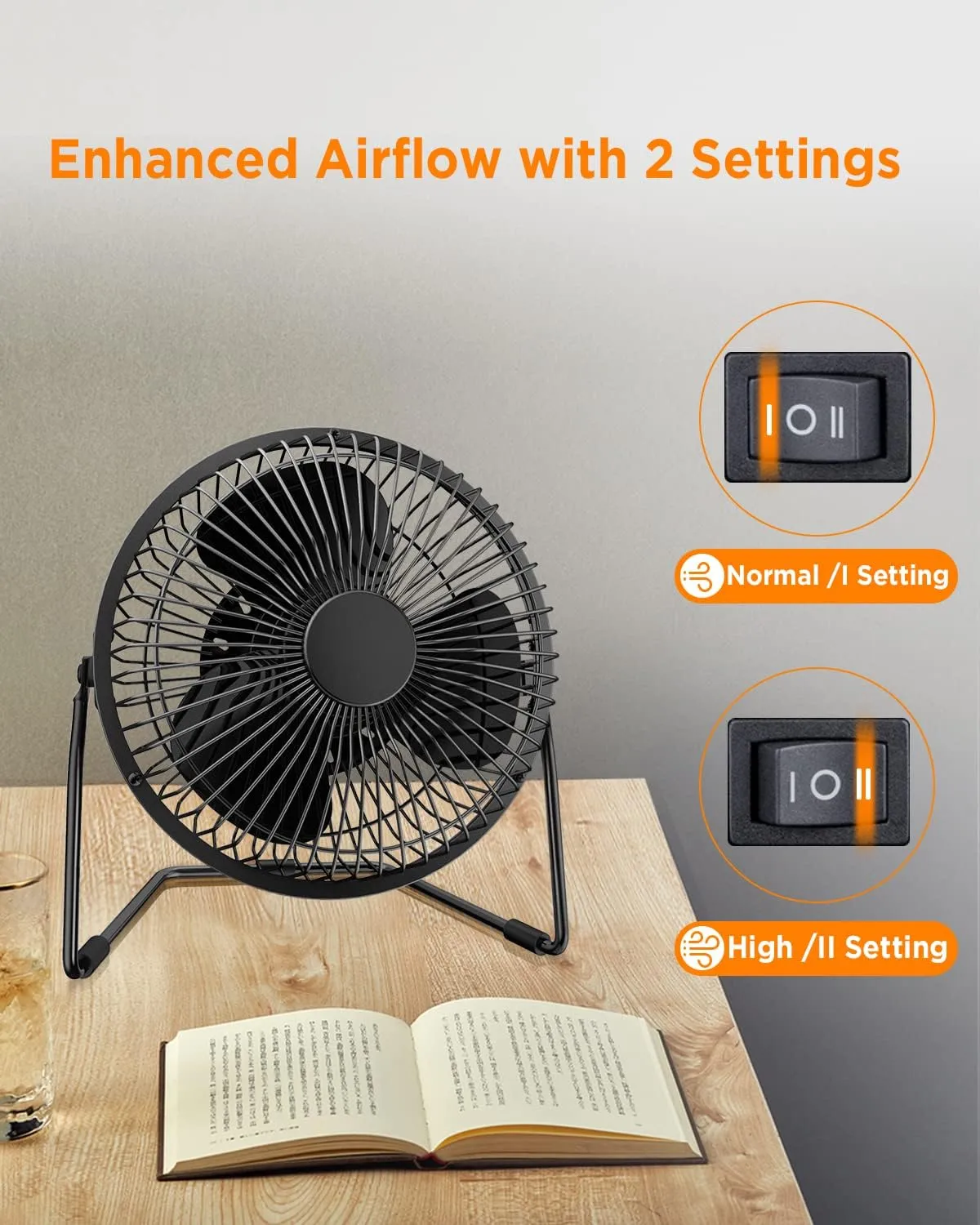 EasyAcc 6 Inch USB Desk Fan, Small USB Desk Fan, [Small Quiet Strong Airflow and 360° Rotating Personal Table Cooling Fan] USB Powered Portable Fan, 2 Speed（3.3~4.1 M/S Black (USB POWERED ONLY)