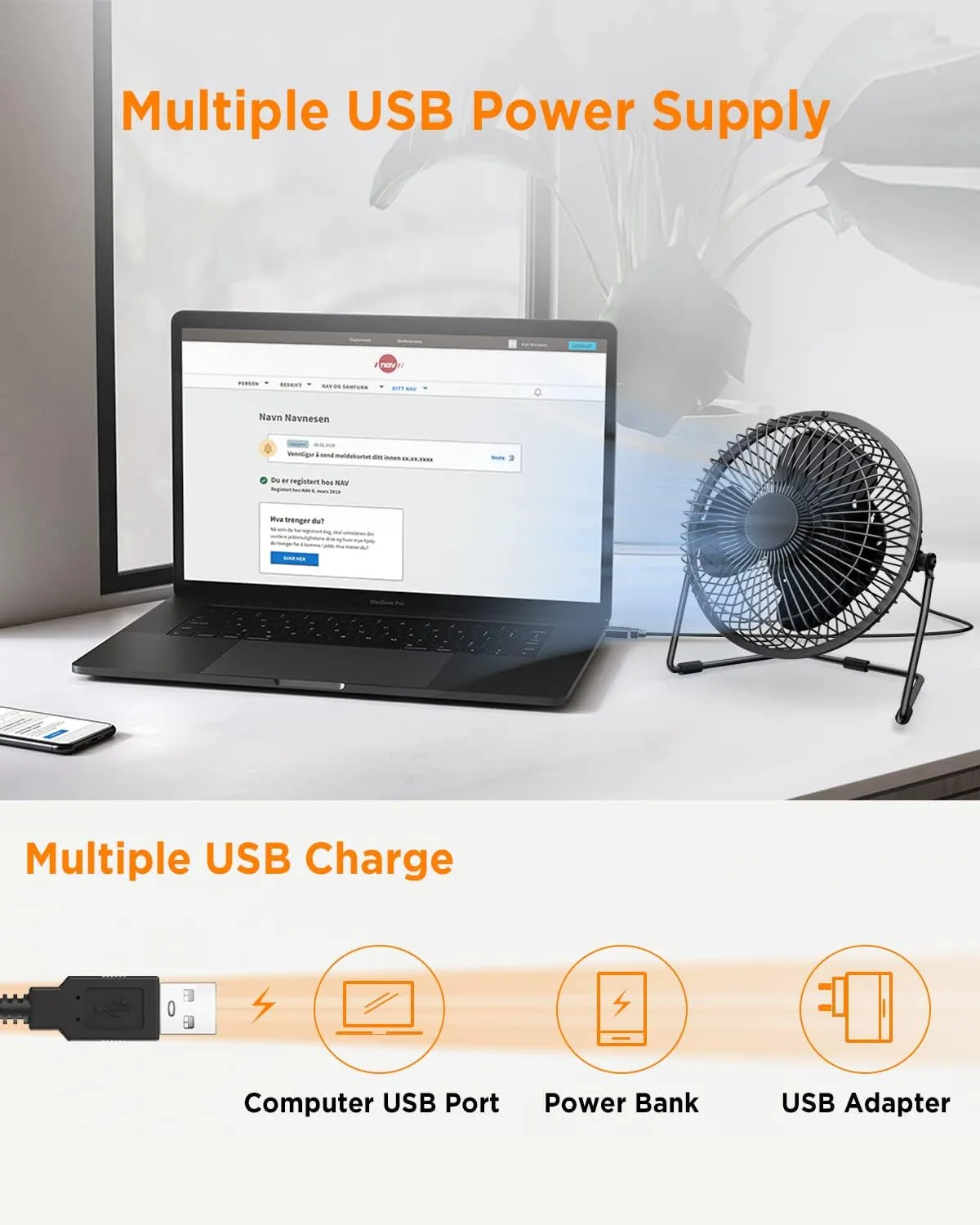 EasyAcc 6 Inch USB Desk Fan, Small USB Desk Fan, [Small Quiet Strong Airflow and 360° Rotating Personal Table Cooling Fan] USB Powered Portable Fan, 2 Speed（3.3~4.1 M/S Black (USB POWERED ONLY)