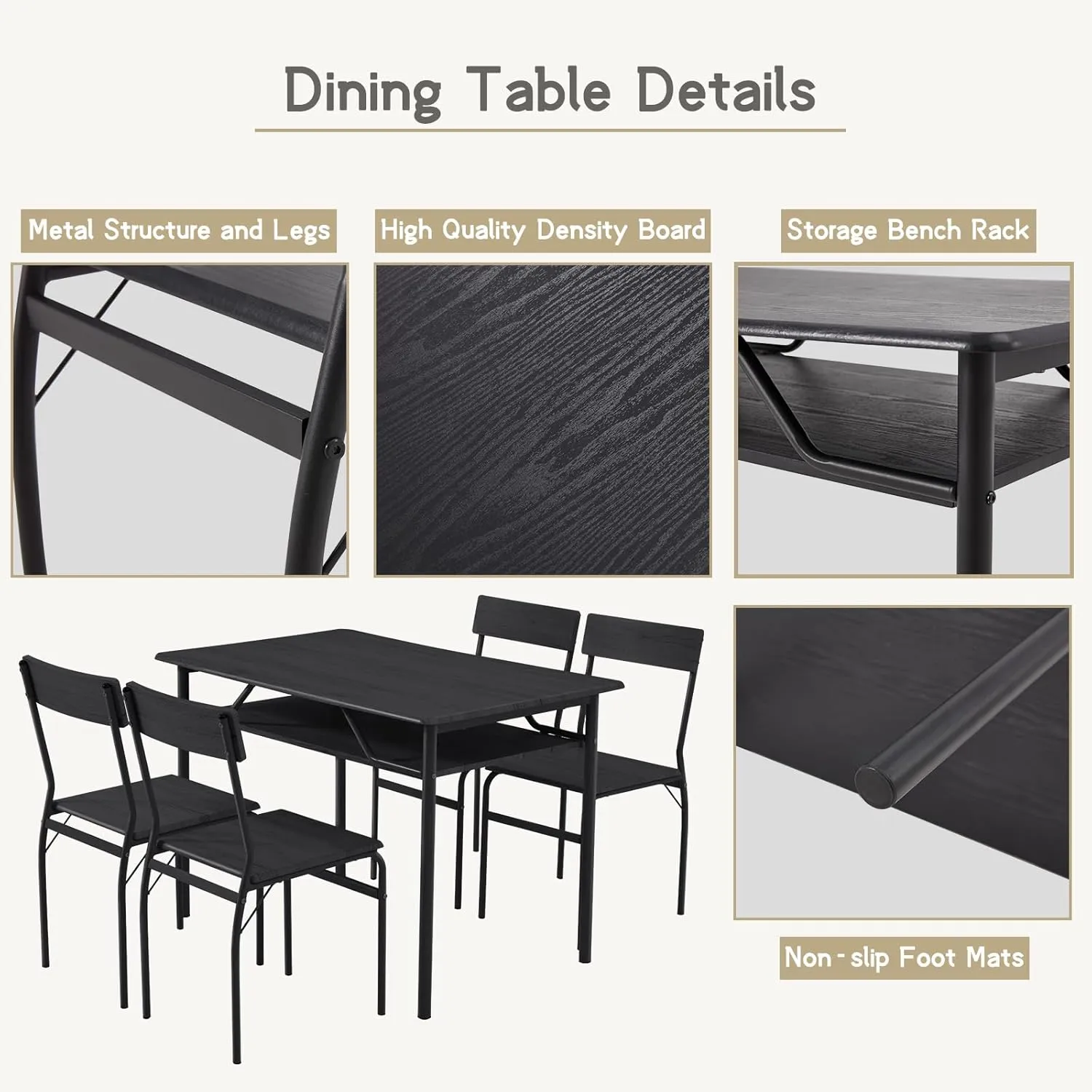 ECOTOUGE Dining Table Set for 4, Wood Kitchen Table and Chairs with Storage Shelves & Metal Frame, Compact Mid-Century Modern Rectangle Dinner Table Sets for Small Space, Apartment, Black
