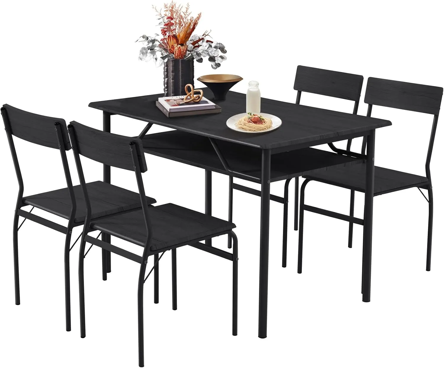 ECOTOUGE Dining Table Set for 4, Wood Kitchen Table and Chairs with Storage Shelves & Metal Frame, Compact Mid-Century Modern Rectangle Dinner Table Sets for Small Space, Apartment, Black