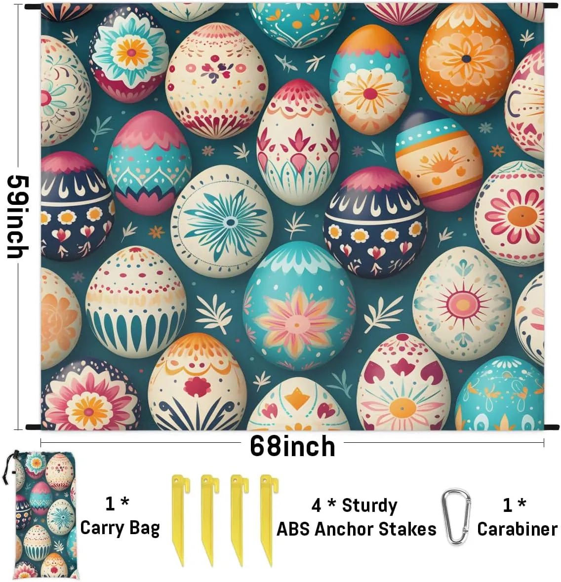 Eggs Happy Easter Beach Blanket, Sandproof Beach Mat, 68 x 59 Waterproof Quick Drying Sand Free Mat with 4 x Ground Spikes for Outdoor Travel Camping Hiking, Colorful Eggs
