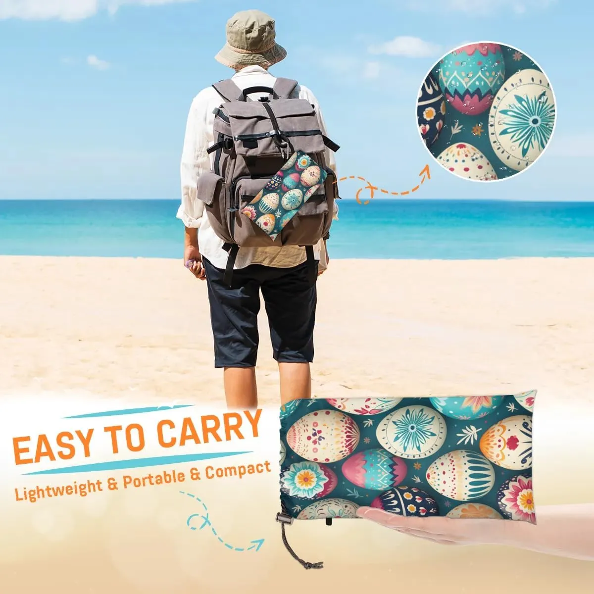 Eggs Happy Easter Beach Blanket, Sandproof Beach Mat, 68 x 59 Waterproof Quick Drying Sand Free Mat with 4 x Ground Spikes for Outdoor Travel Camping Hiking, Colorful Eggs