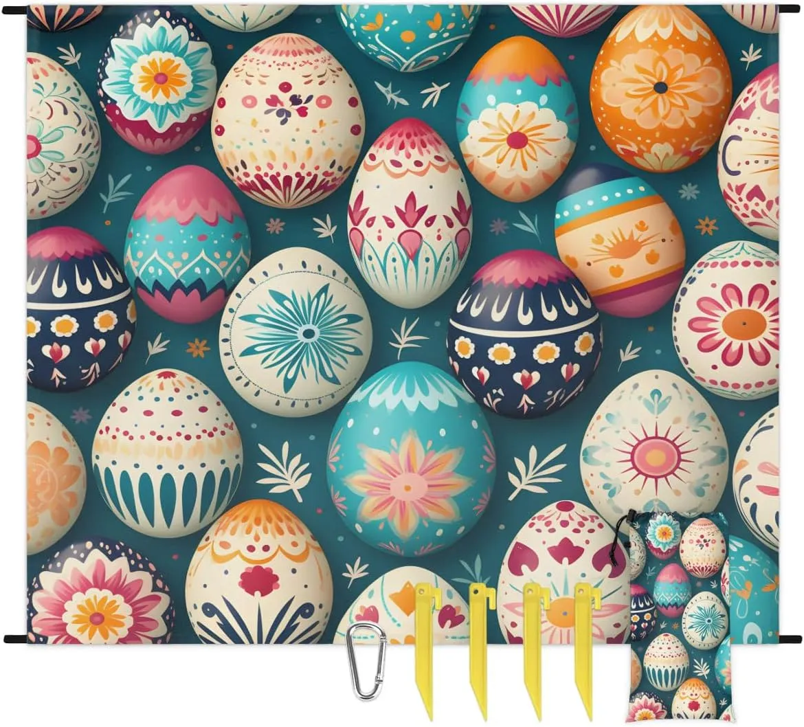 Eggs Happy Easter Beach Blanket, Sandproof Beach Mat, 68 x 59 Waterproof Quick Drying Sand Free Mat with 4 x Ground Spikes for Outdoor Travel Camping Hiking, Colorful Eggs