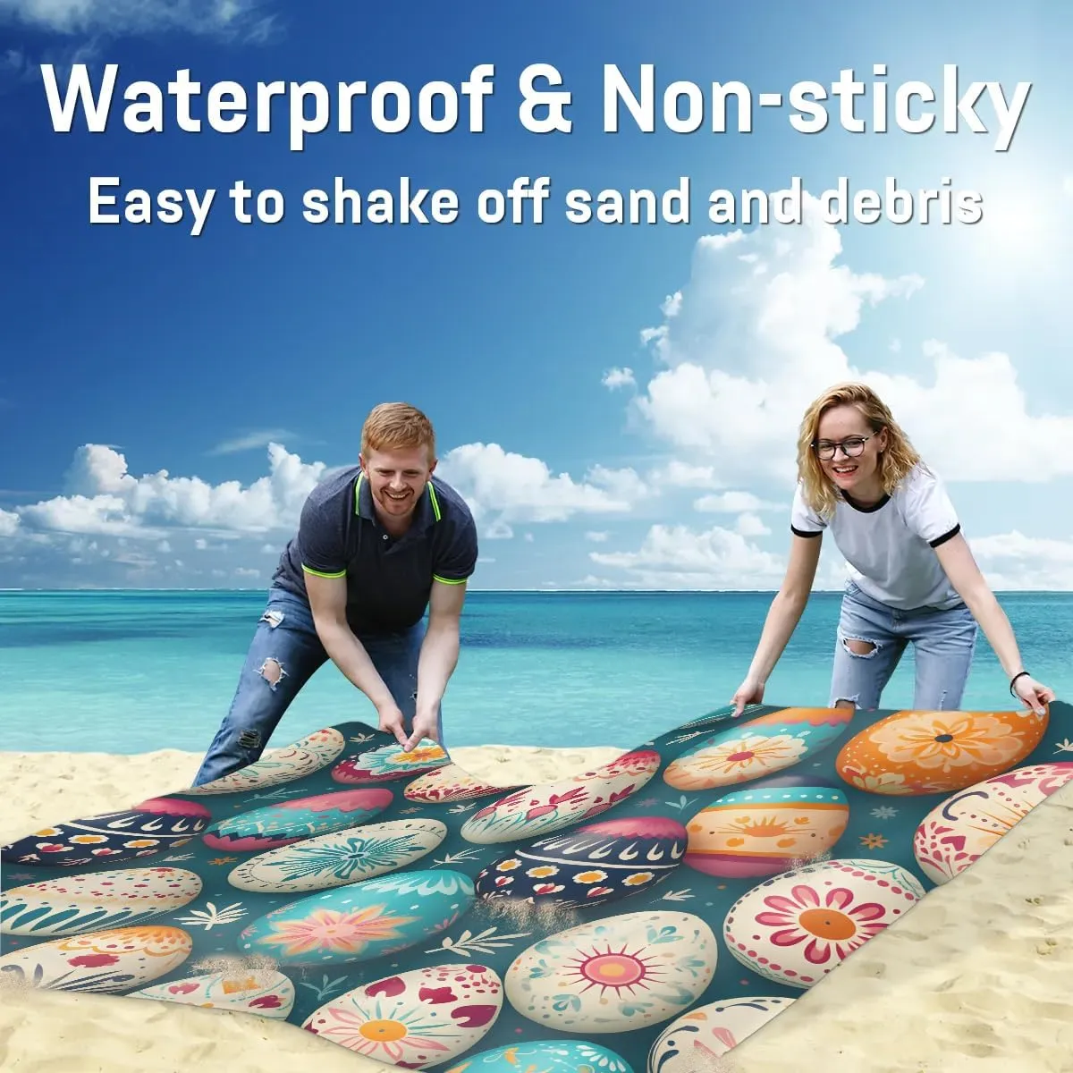 Eggs Happy Easter Beach Blanket, Sandproof Beach Mat, 68 x 59 Waterproof Quick Drying Sand Free Mat with 4 x Ground Spikes for Outdoor Travel Camping Hiking, Colorful Eggs