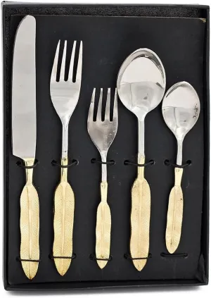 Elegant Cutlery Set for Memorable Dining Experiences, Feather-Shaped Handles in Gold Finish, 5-Piece Set with Gift-Ready Storage Box
